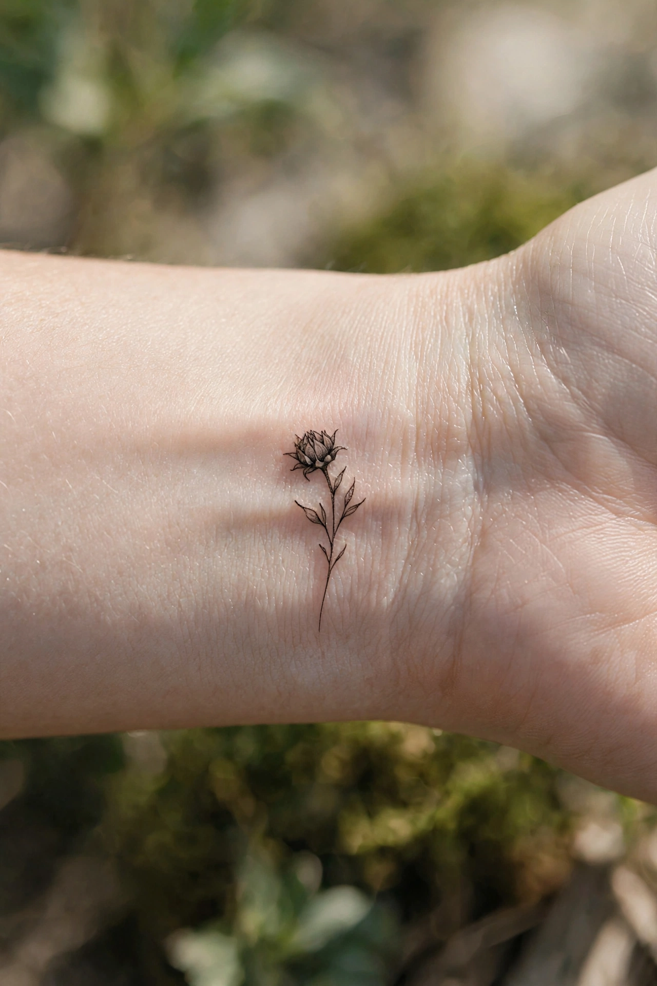 Small sunflower bud tattoo with stem on the wrist