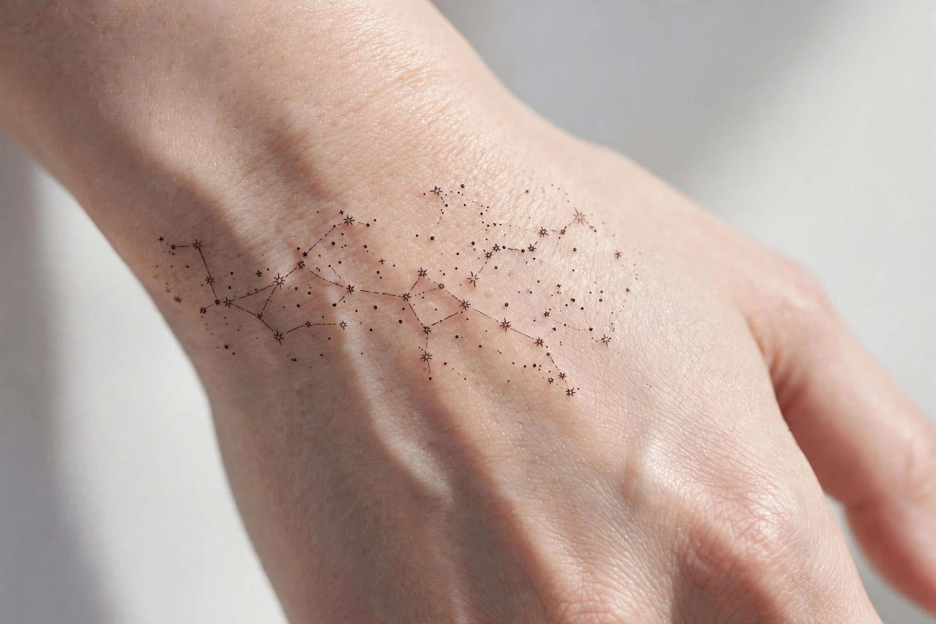Scattered tiny star tattoos like a constellation across the wrist
