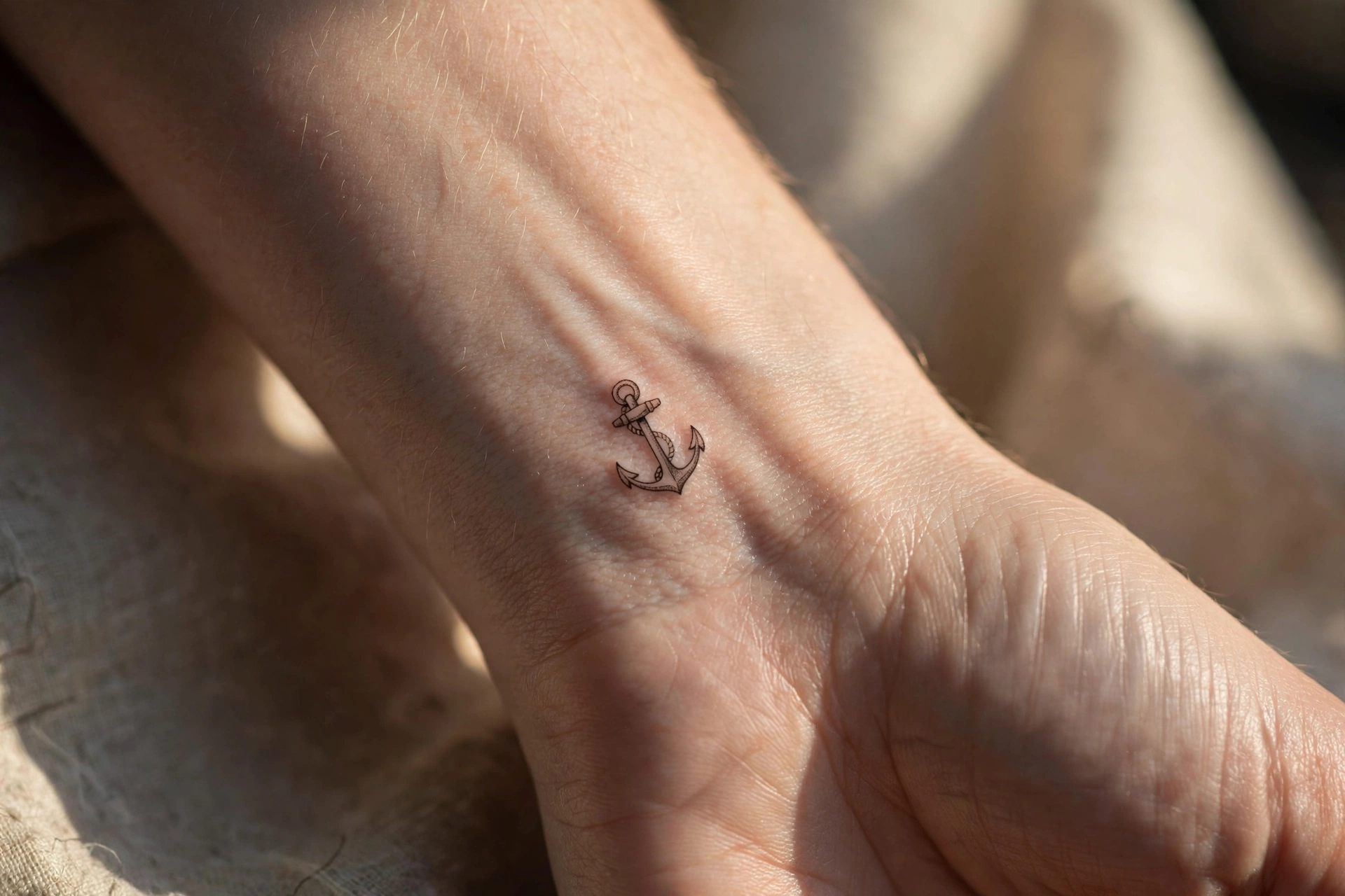 Tiny classic anchor tattoo on the inner wrist