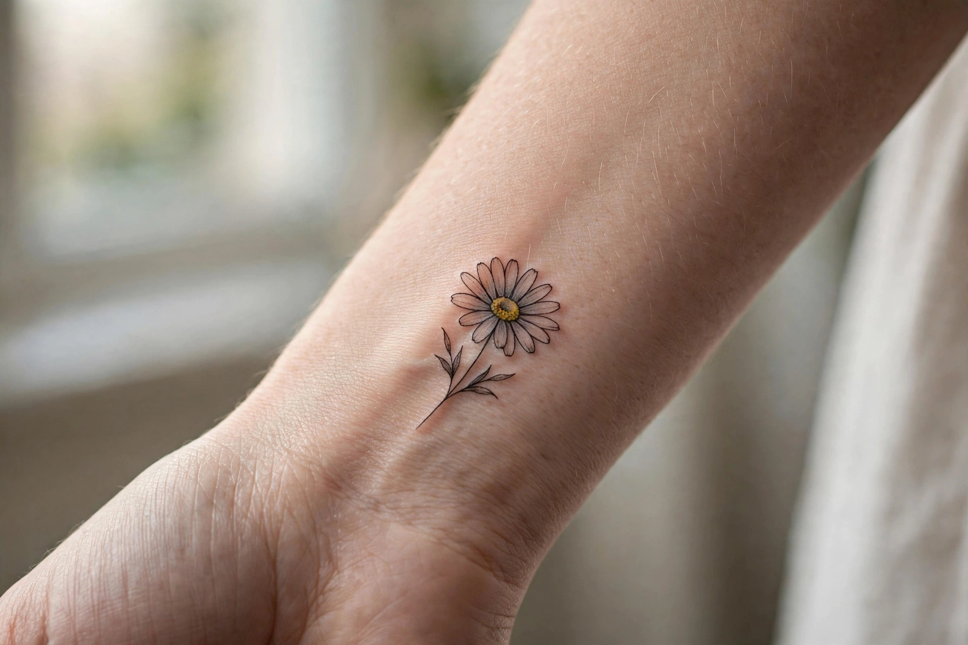 Single daisy flower tattoo with yellow center on the wrist