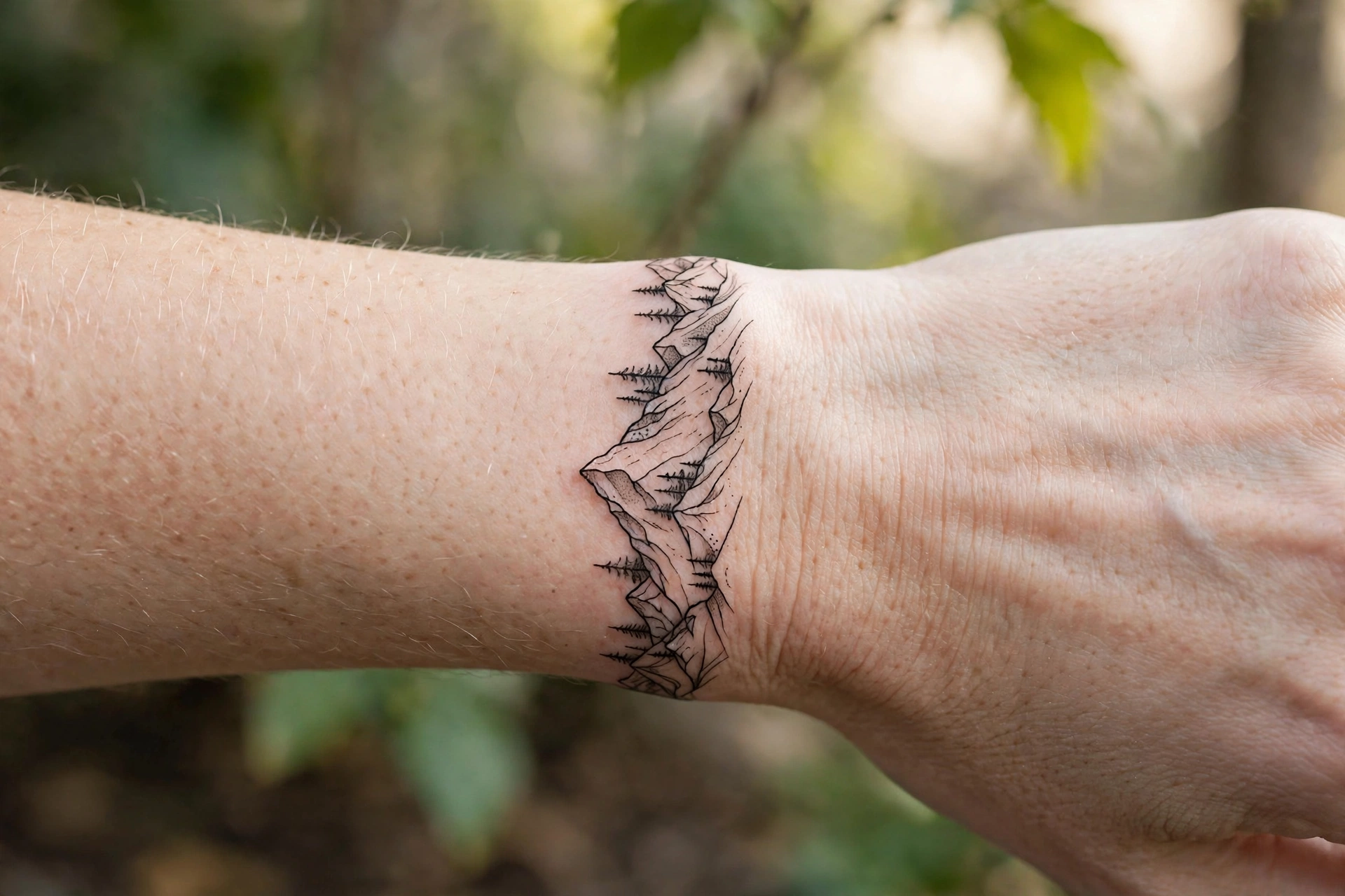 Mini mountain range silhouette tattoo wrapping the wrist