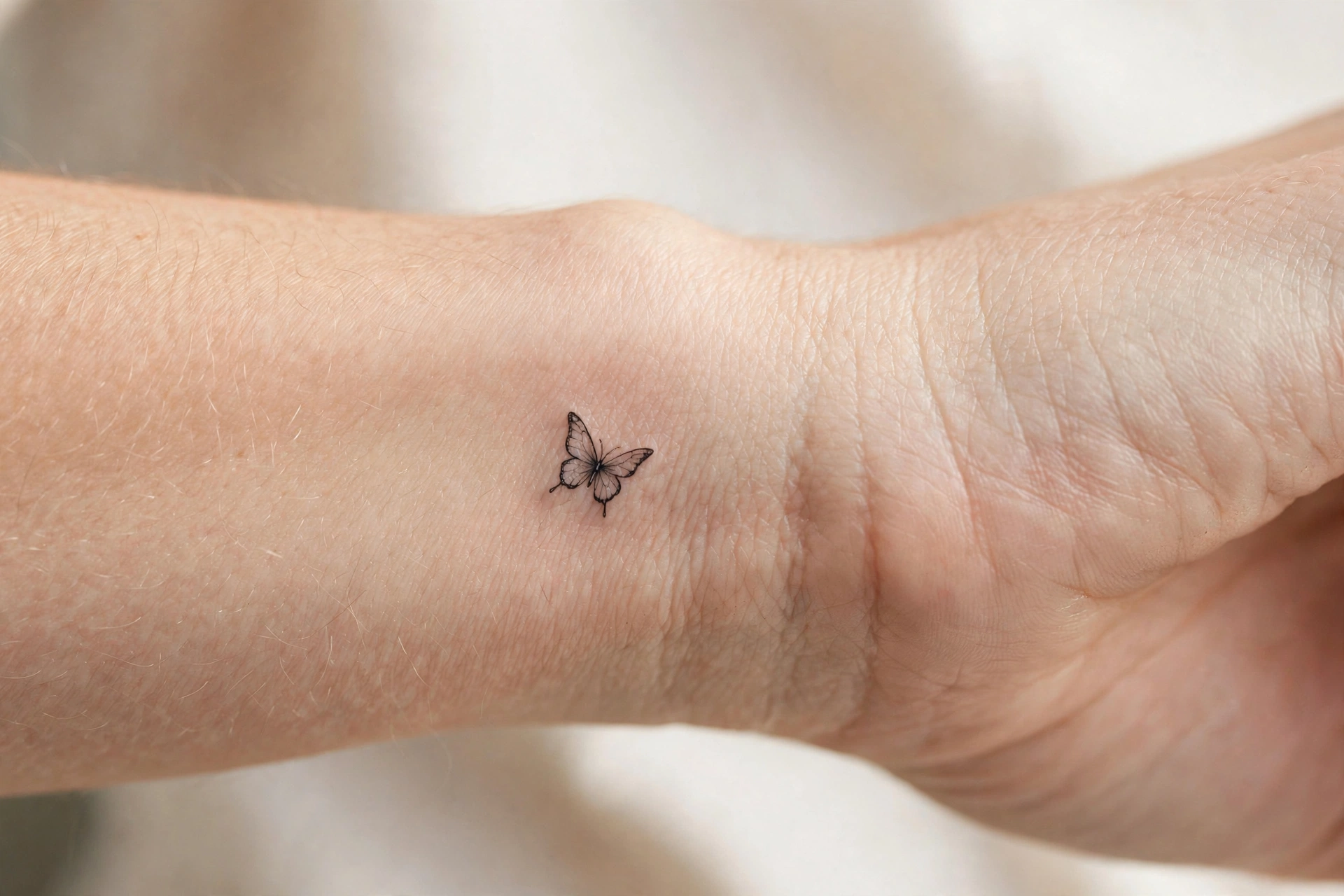 Tiny fine-line butterfly tattoo on the outer wrist