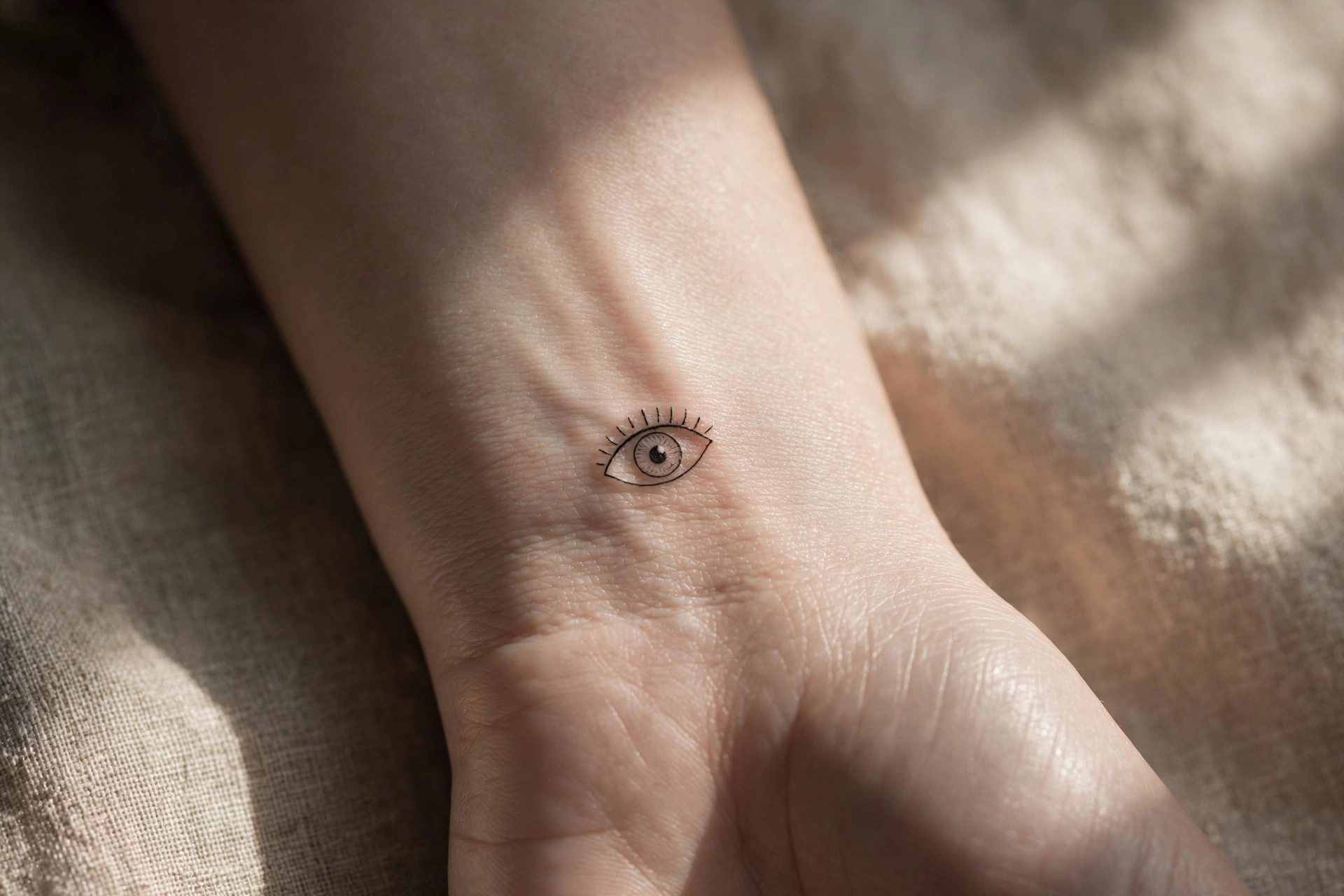 Small evil eye protective symbol tattoo on the wrist