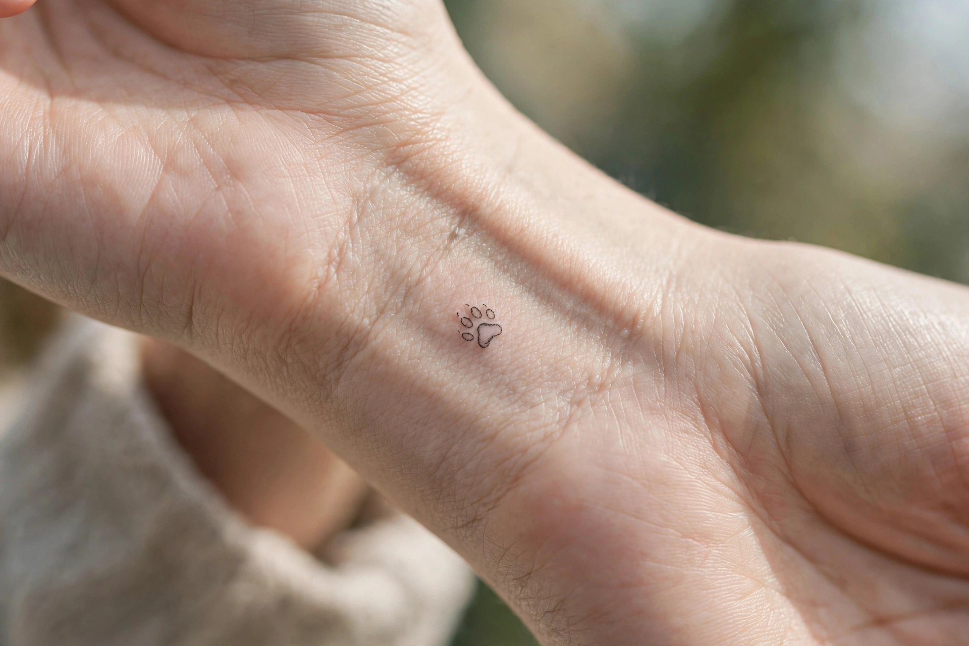 Tiny paw print tattoo honoring a pet on the inner wrist