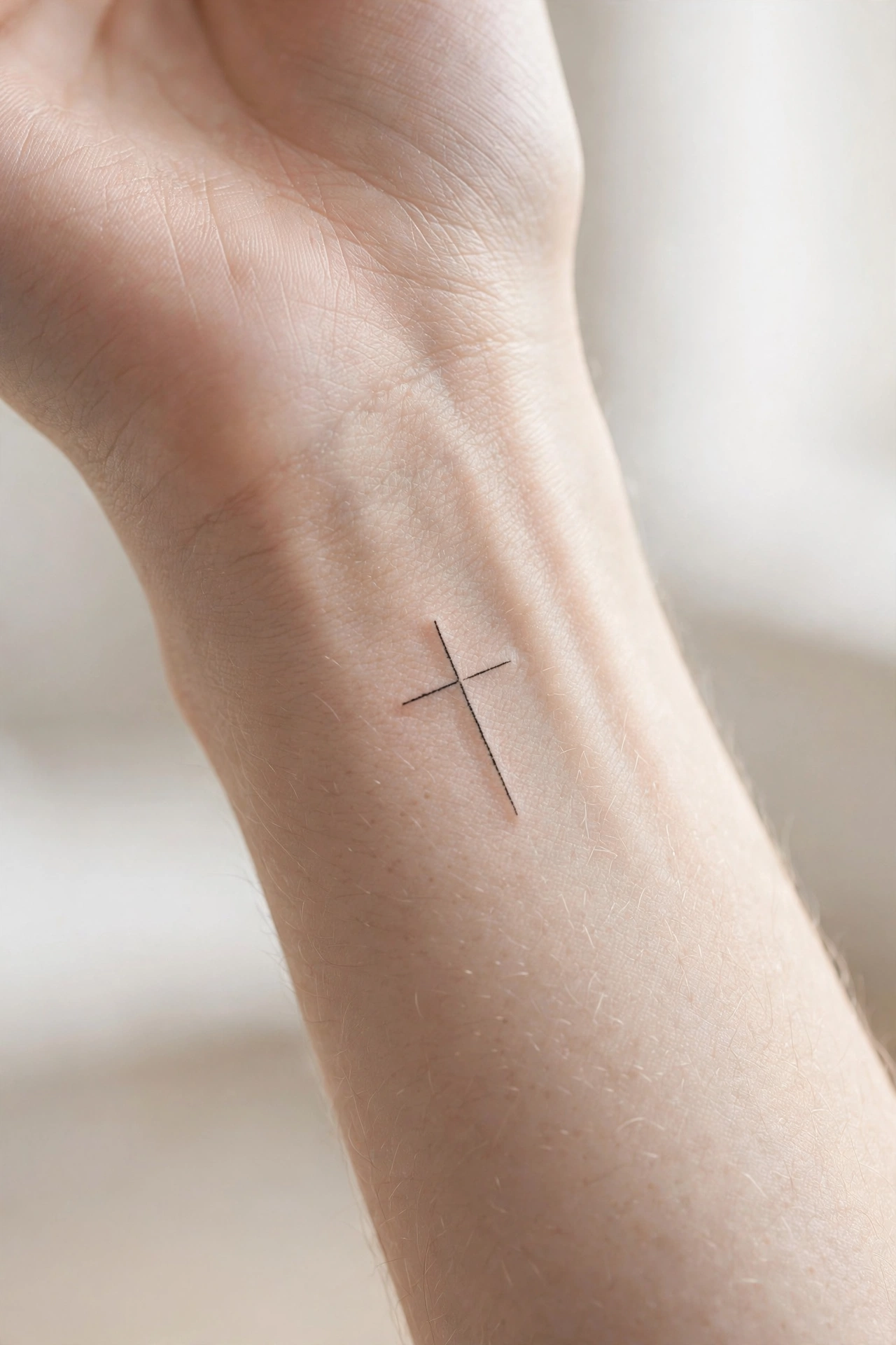 Minimalist thin-line cross tattoo on the wrist