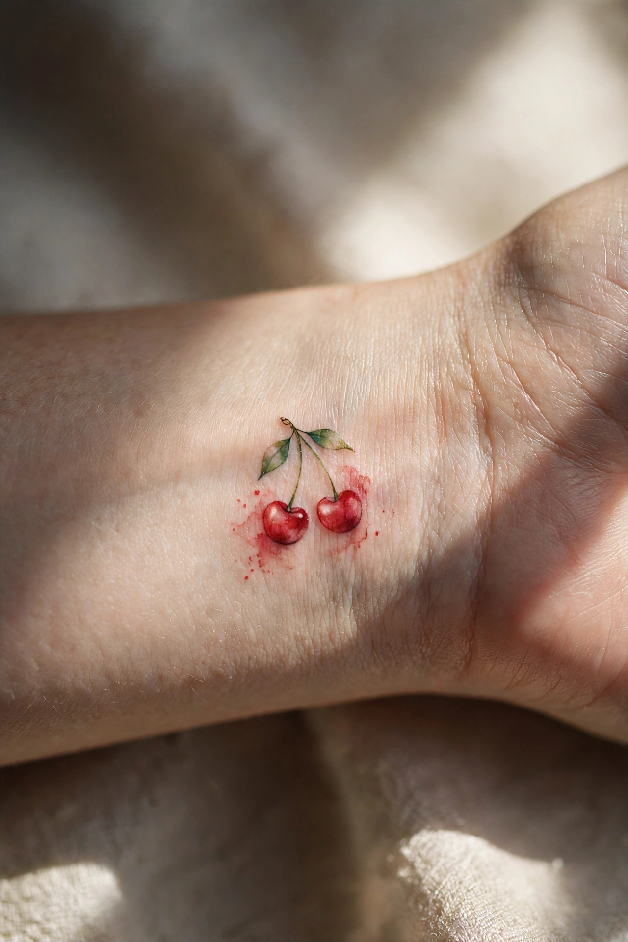 Tiny cherry pair tattoo with red ink on the wrist