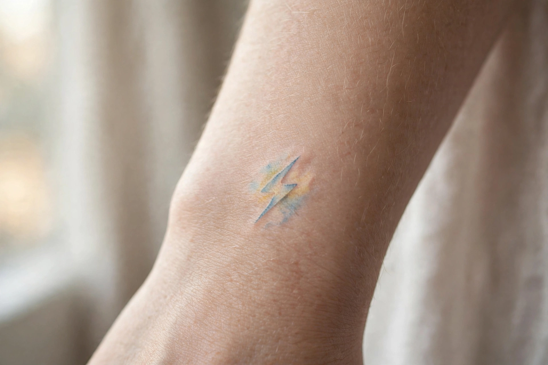 Tiny lightning bolt tattoo on the outer wrist