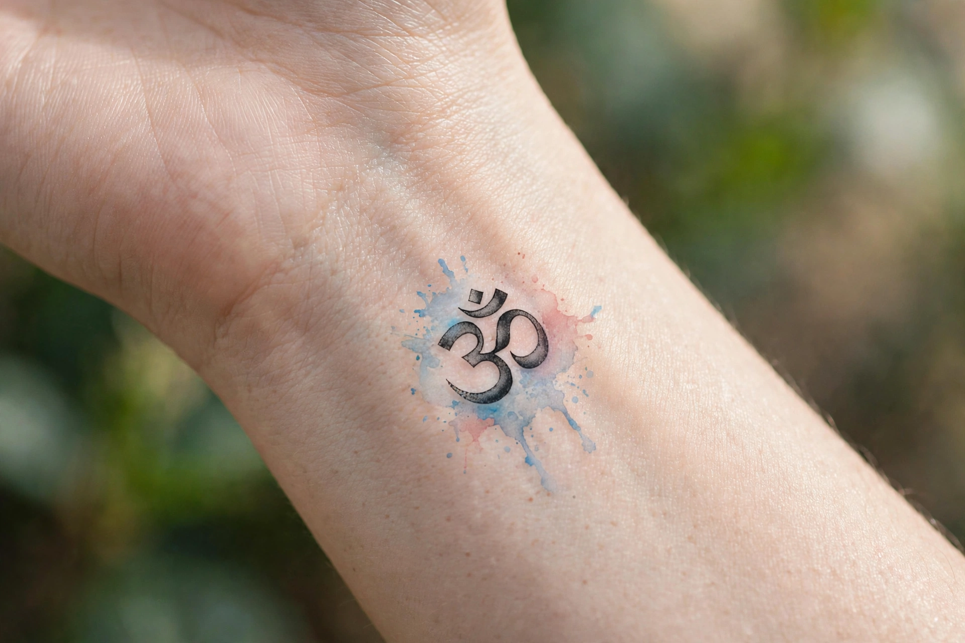 Small Om spiritual symbol tattoo on the inner wrist
