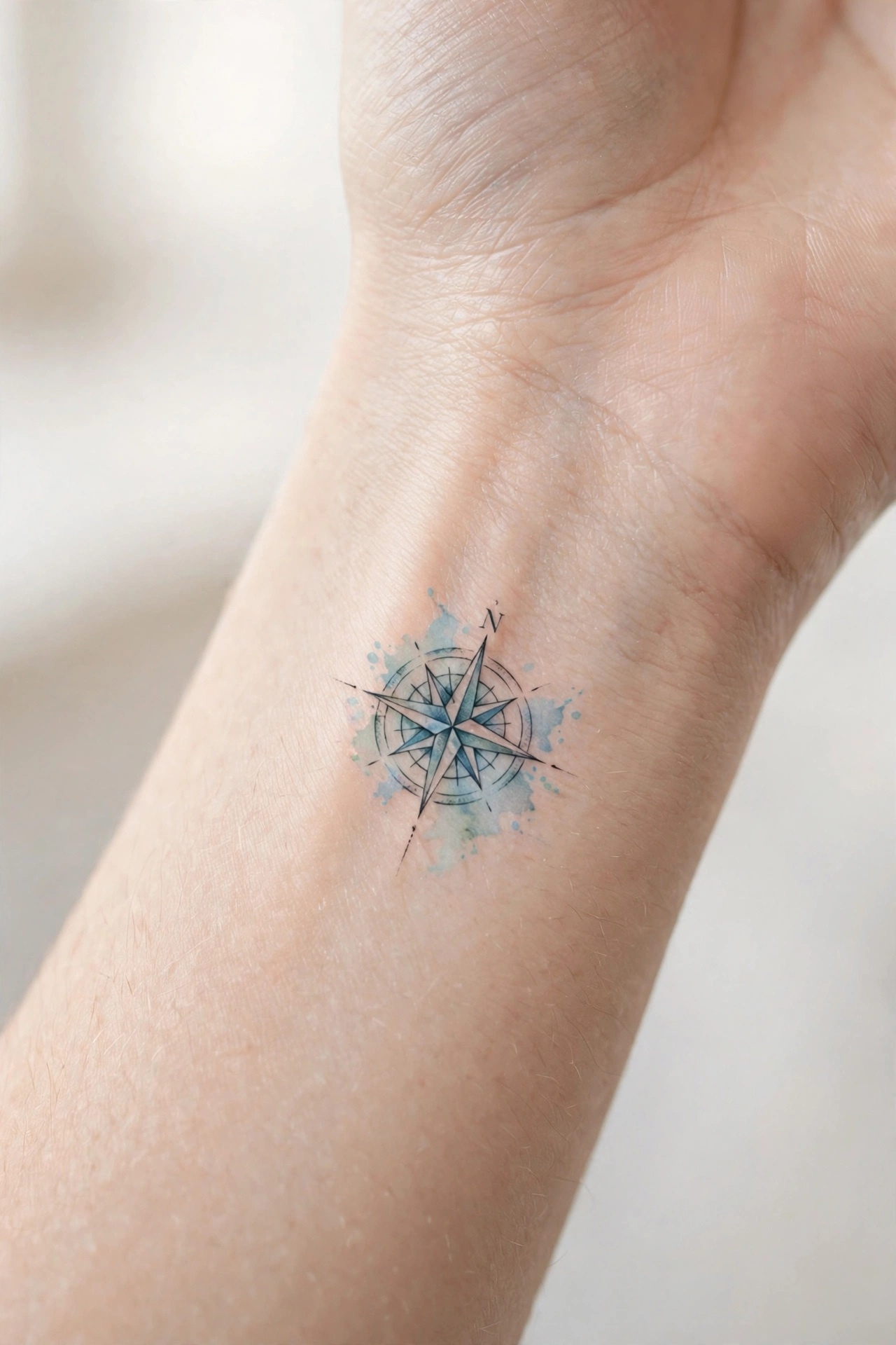 Micro compass rose tattoo the size of a dime on the wrist