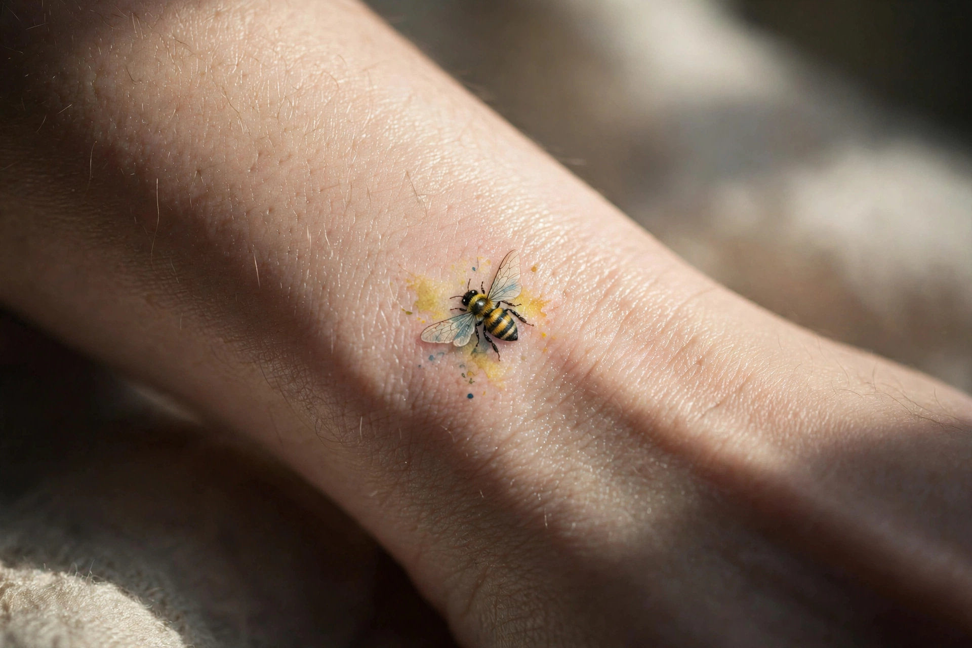 Tiny honeybee tattoo with delicate wings on the wrist