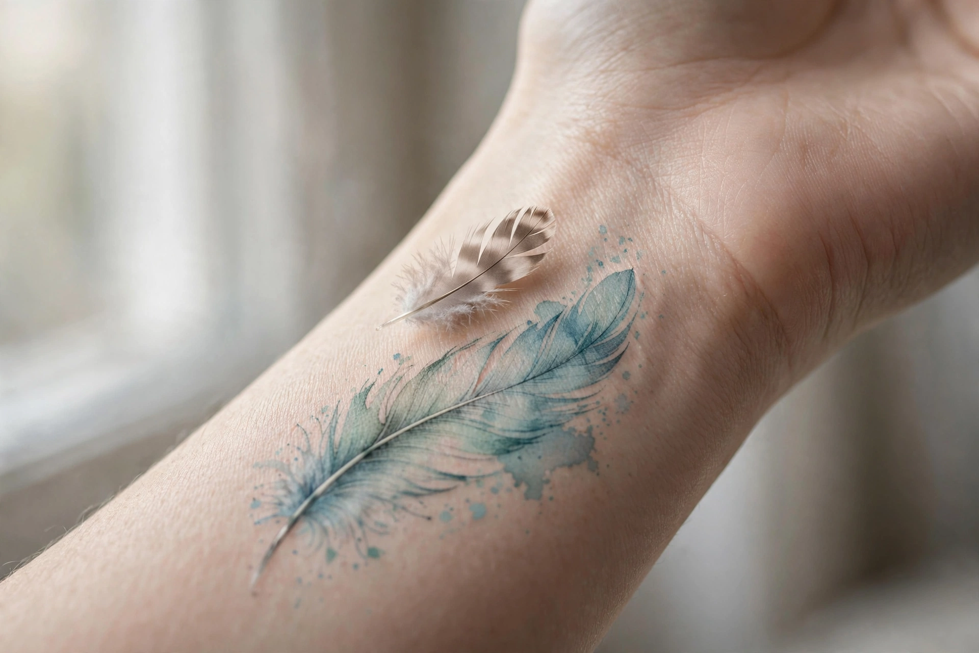 Small single feather tattoo drifting along the wrist