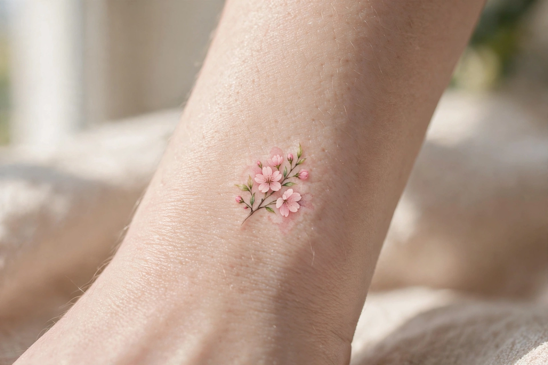 Tiny cherry blossom sprig tattoo with pink petals on the wrist