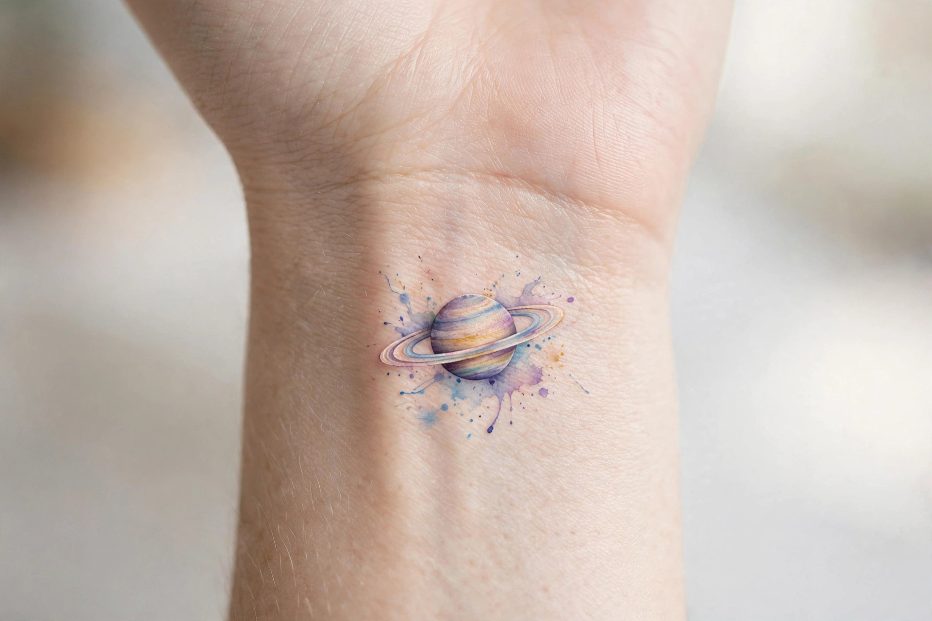 Tiny Saturn planet with rings tattoo on the wrist