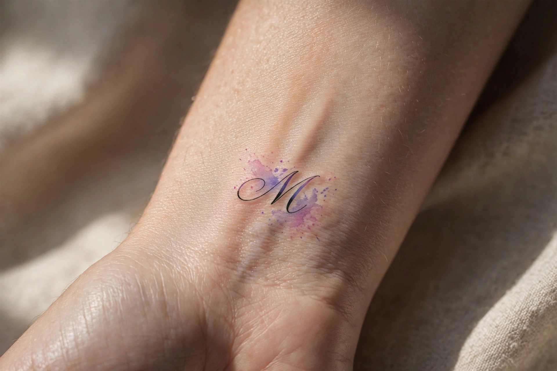 Small initial letter in elegant script tattoo on the wrist