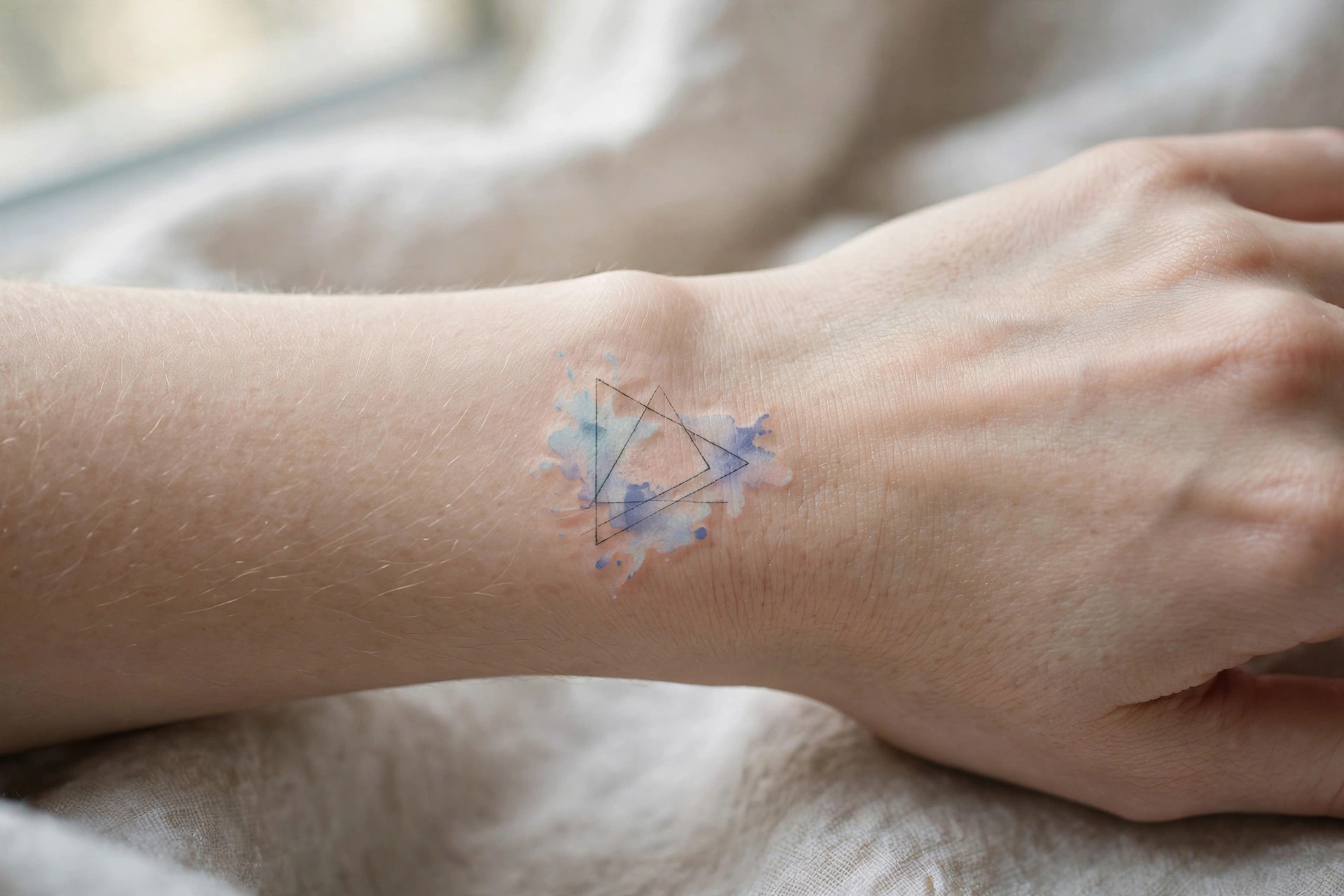 Minimal open triangle geometric tattoo on the wrist