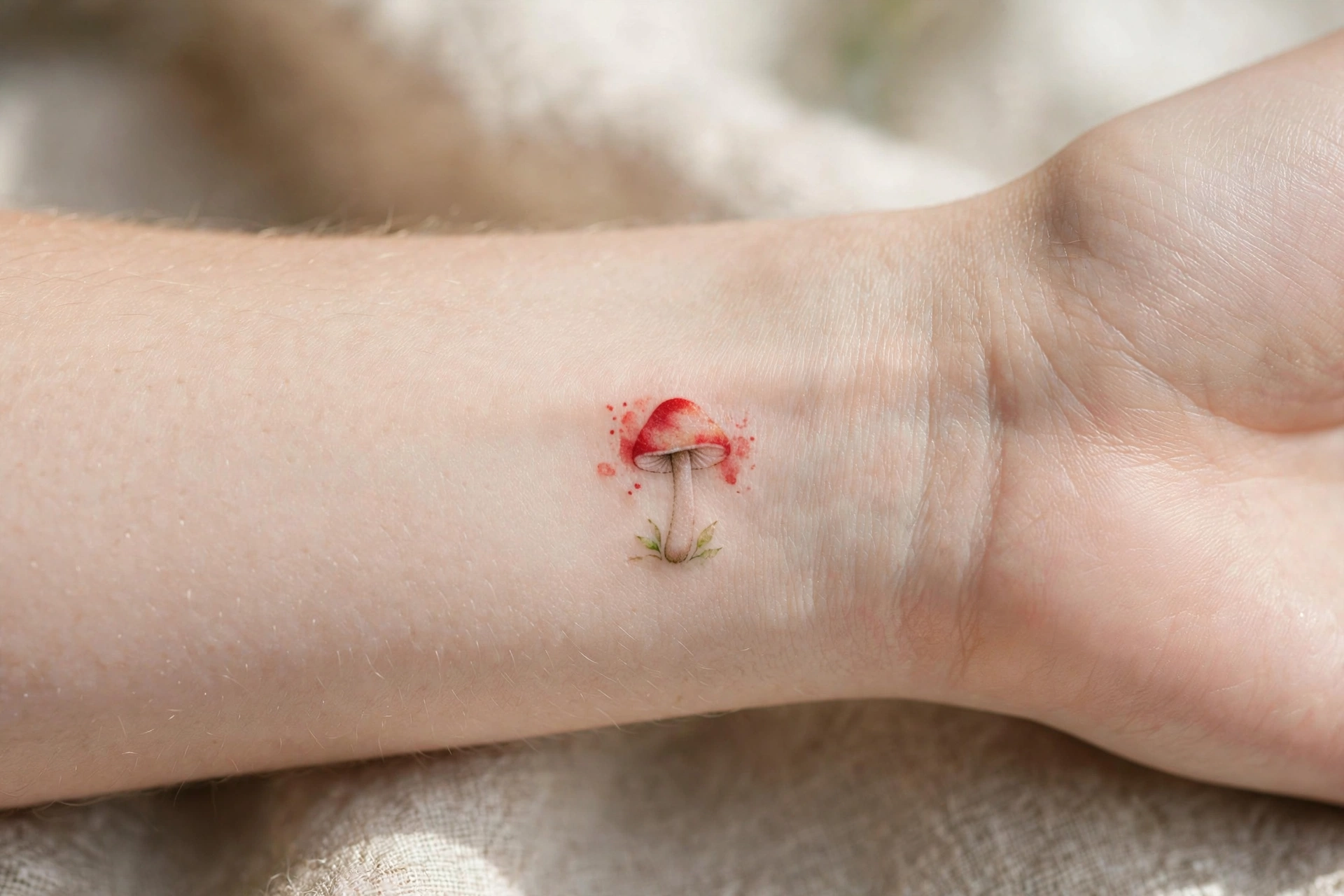 Tiny storybook mushroom tattoo with red cap on the inner wrist