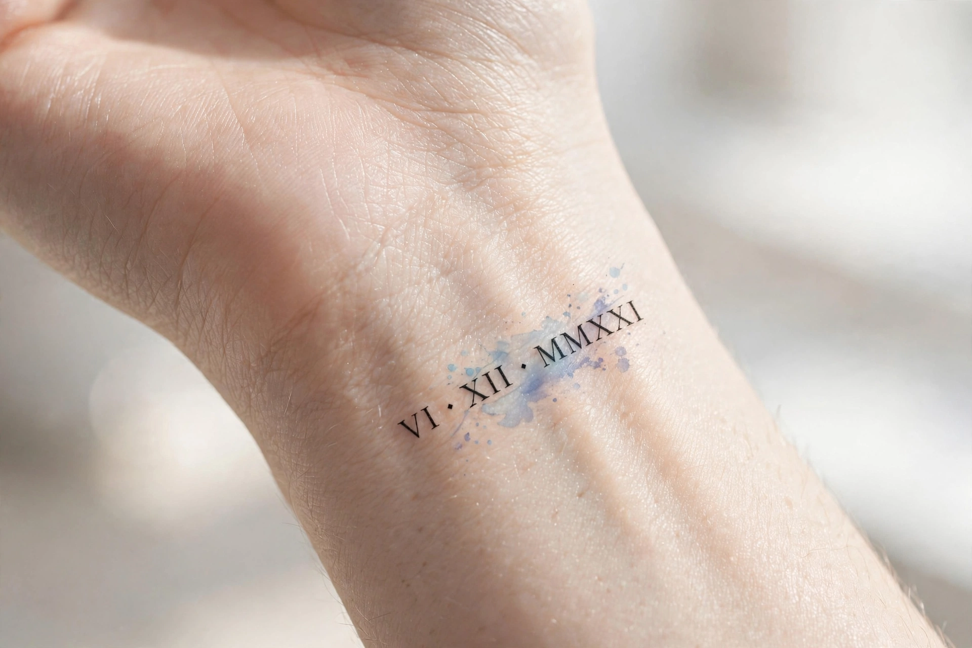 Small Roman numerals date tattoo in clean digits on the wrist