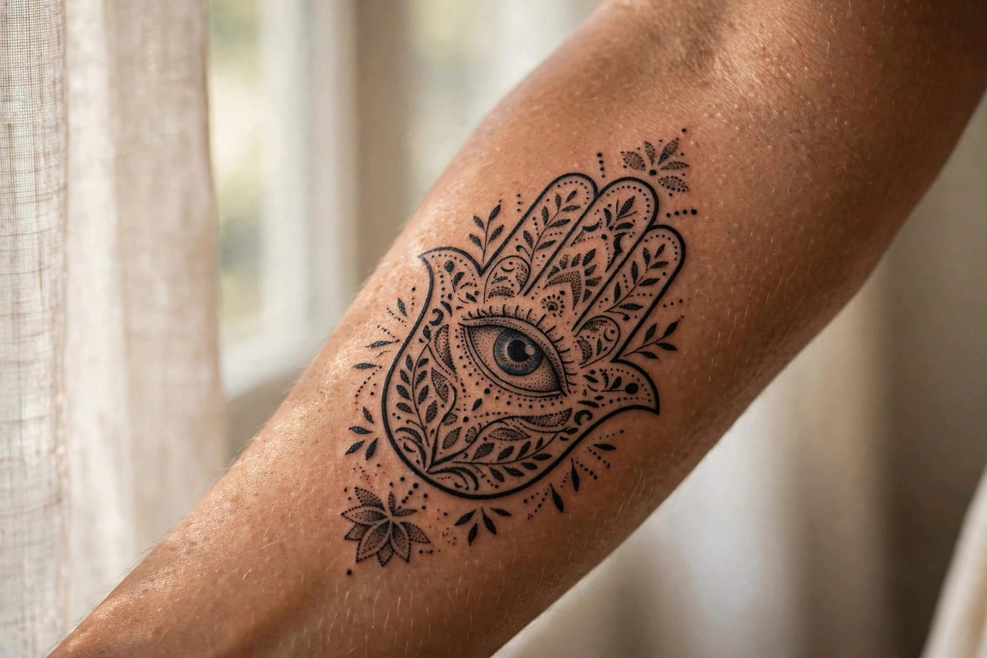 Evil eye protection symbolic tattoo in bold color on the back of the hand
