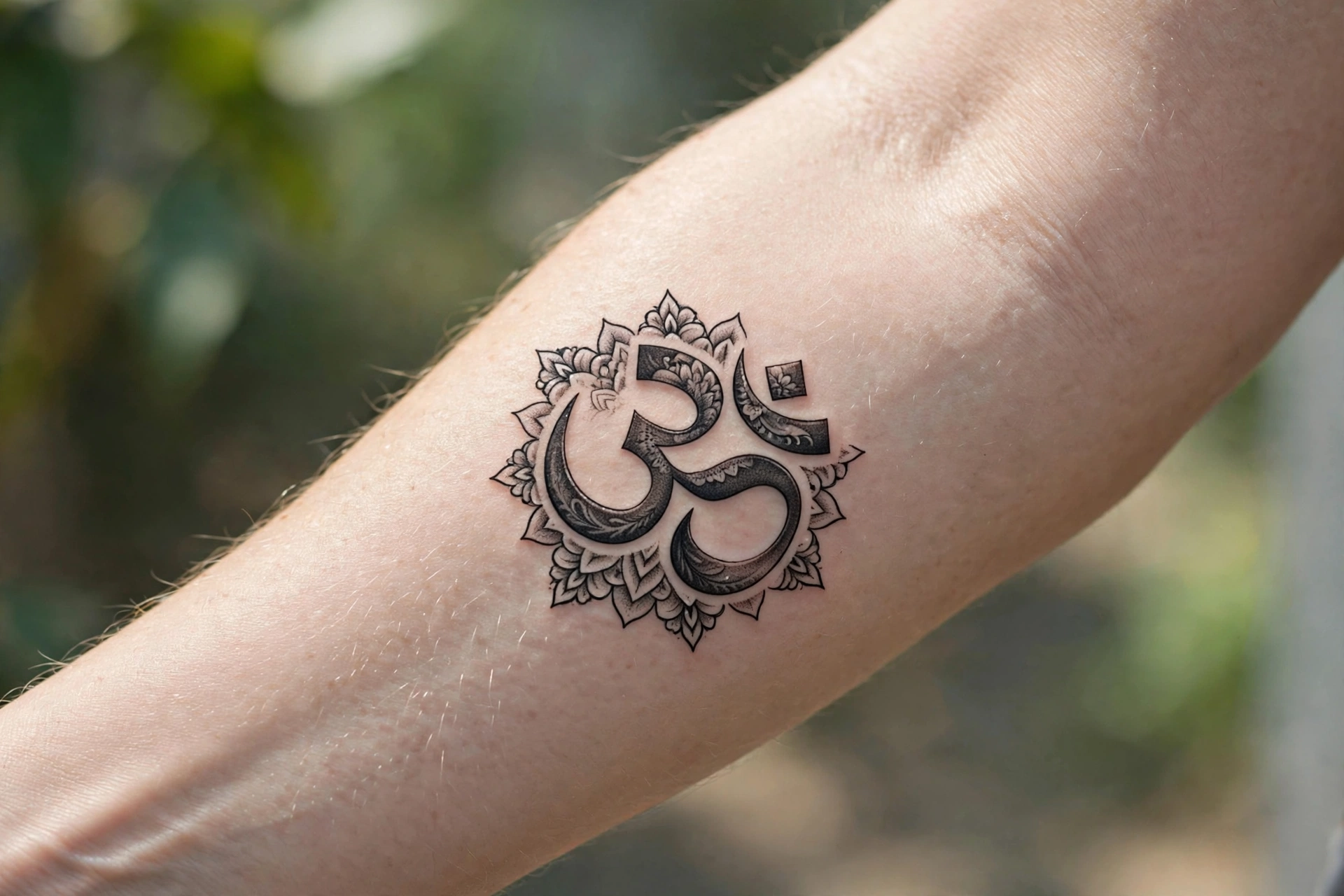 Om sacred sound symbolic tattoo in traditional script on the upper back