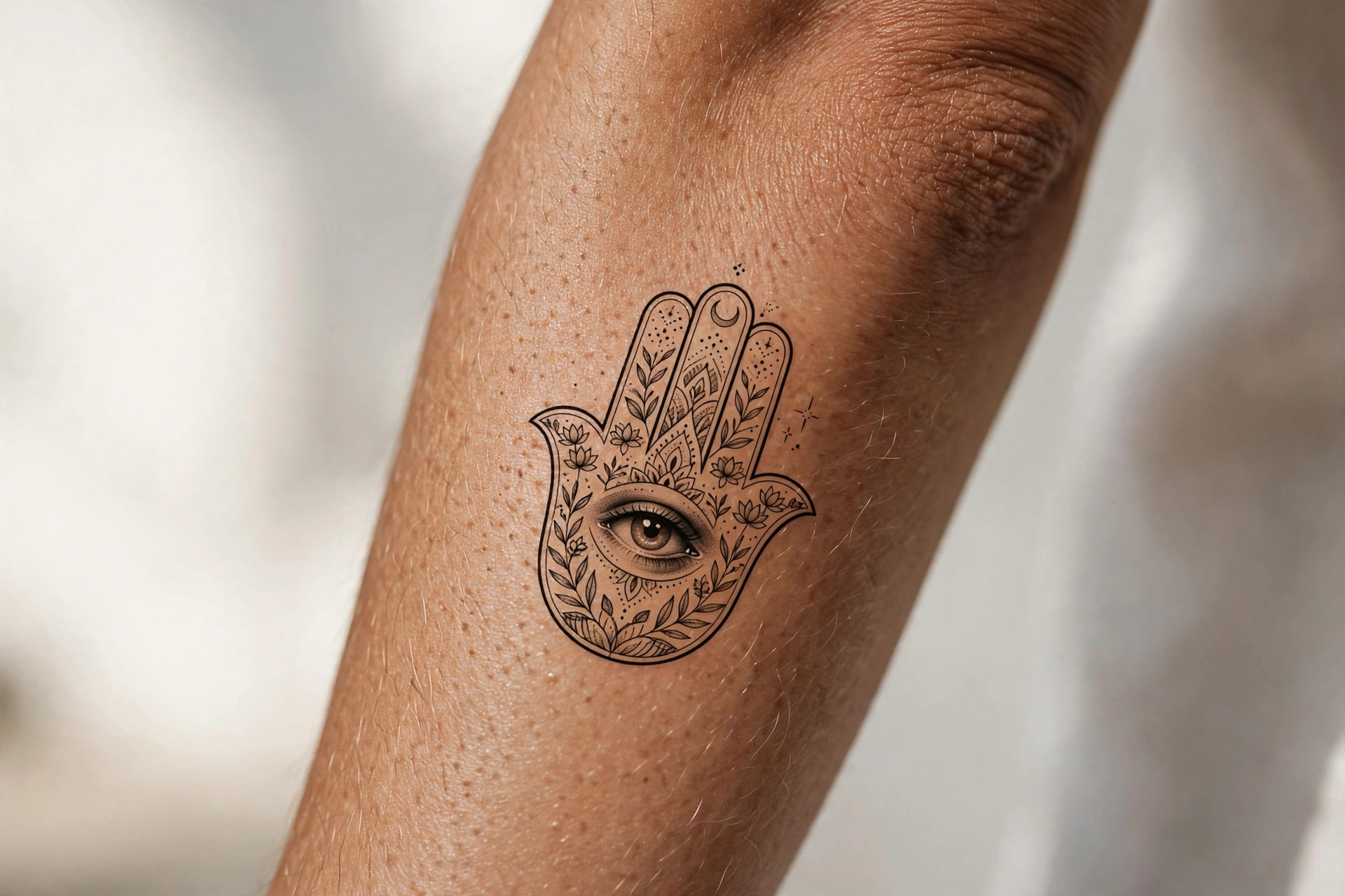 Hamsa hand guardian symbolic tattoo idea with mandala palm on the forearm