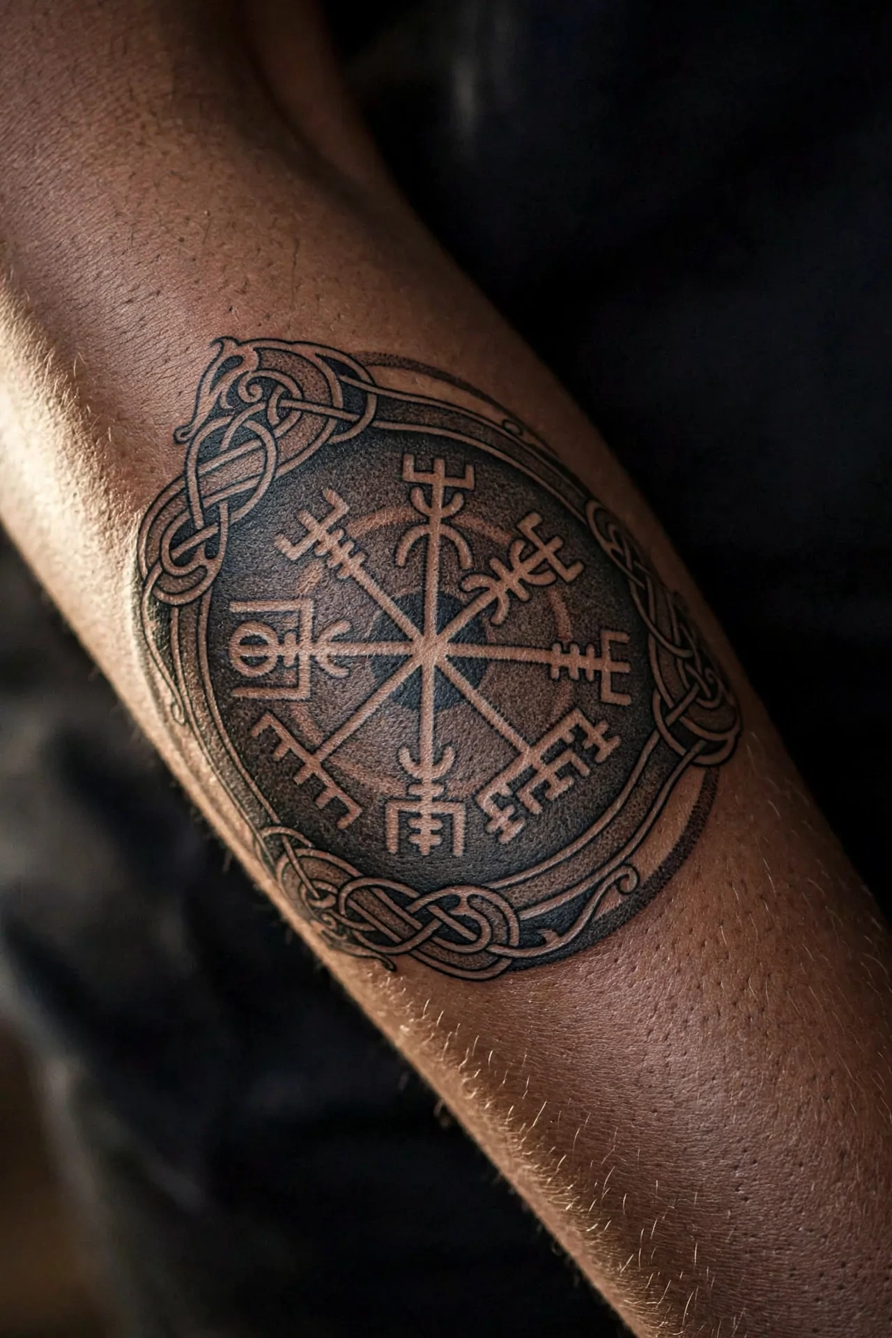Viking vegvisir compass symbolic tattoo in Norse style on the chest