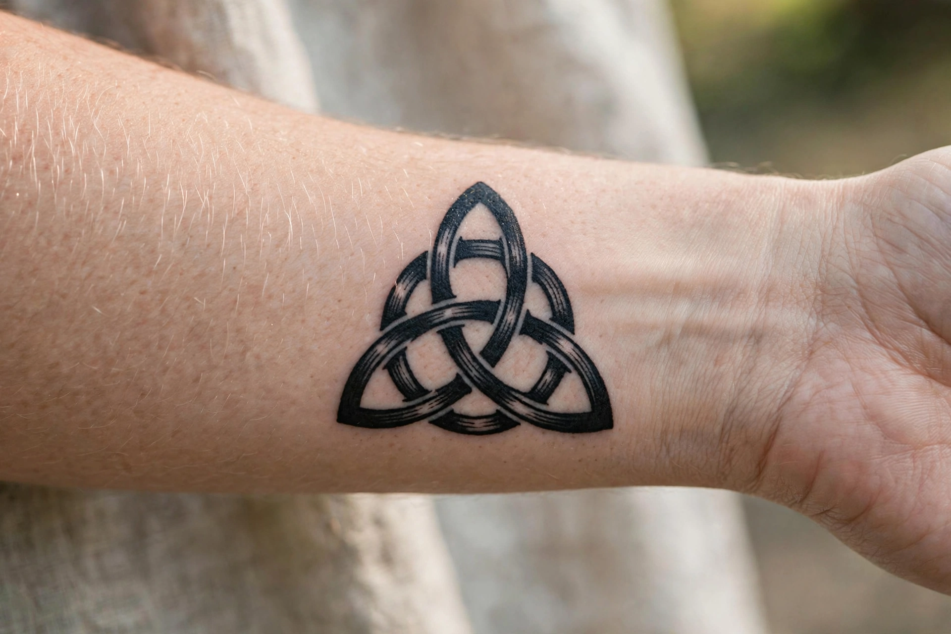 Celtic trinity knot symbolic tattoo with interlaced bandwork on the shoulder