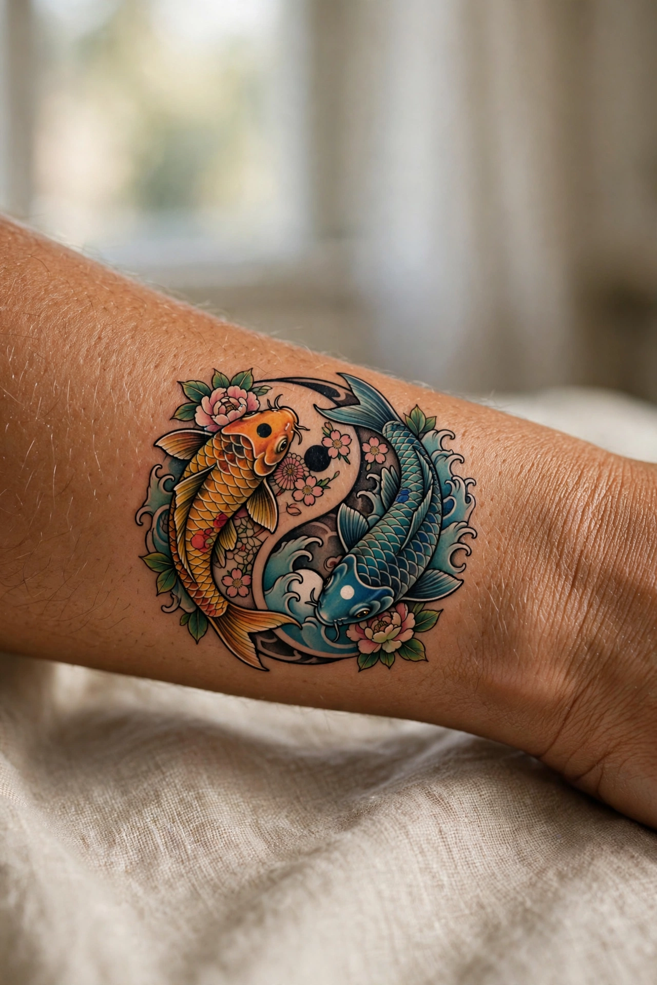 Koi fish yin yang symbolic tattoo design circling on the shoulder