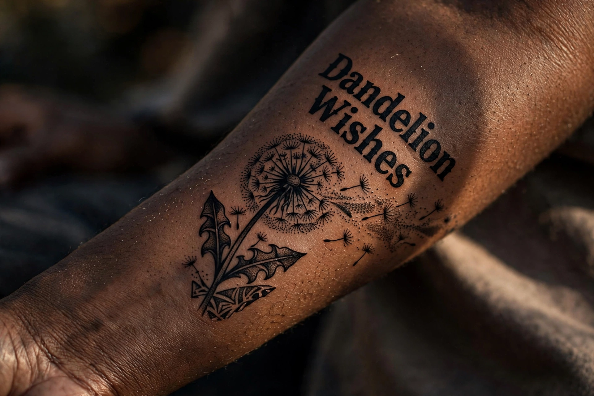 Dandelion wishes symbolic tattoo with seeds drifting up the shoulder