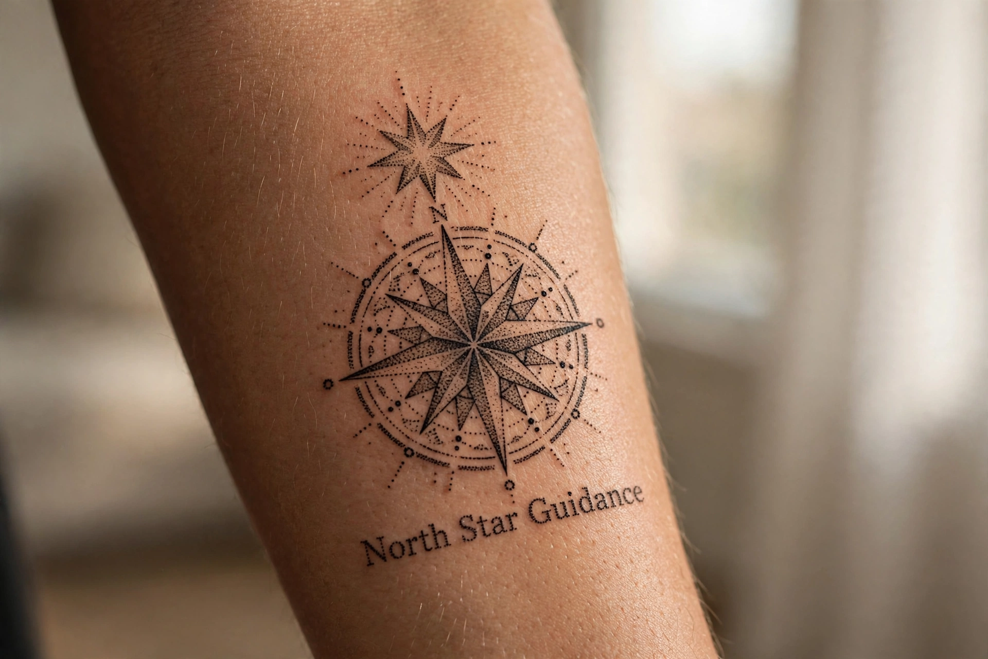North star guidance symbolic tattoo idea with sparkling rays on the wrist