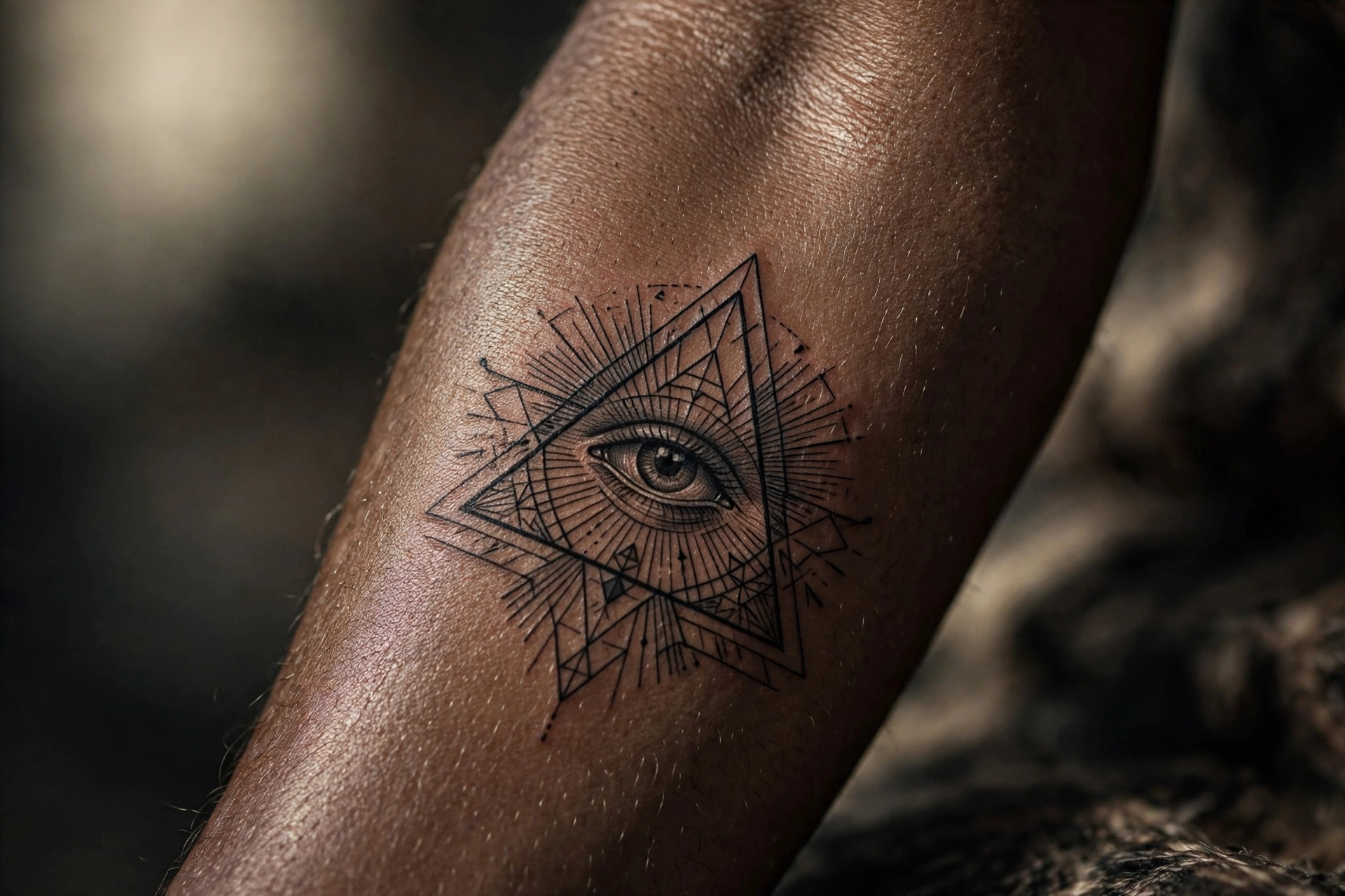 Eye of providence symbolic tattoo with radiant triangle on the upper arm