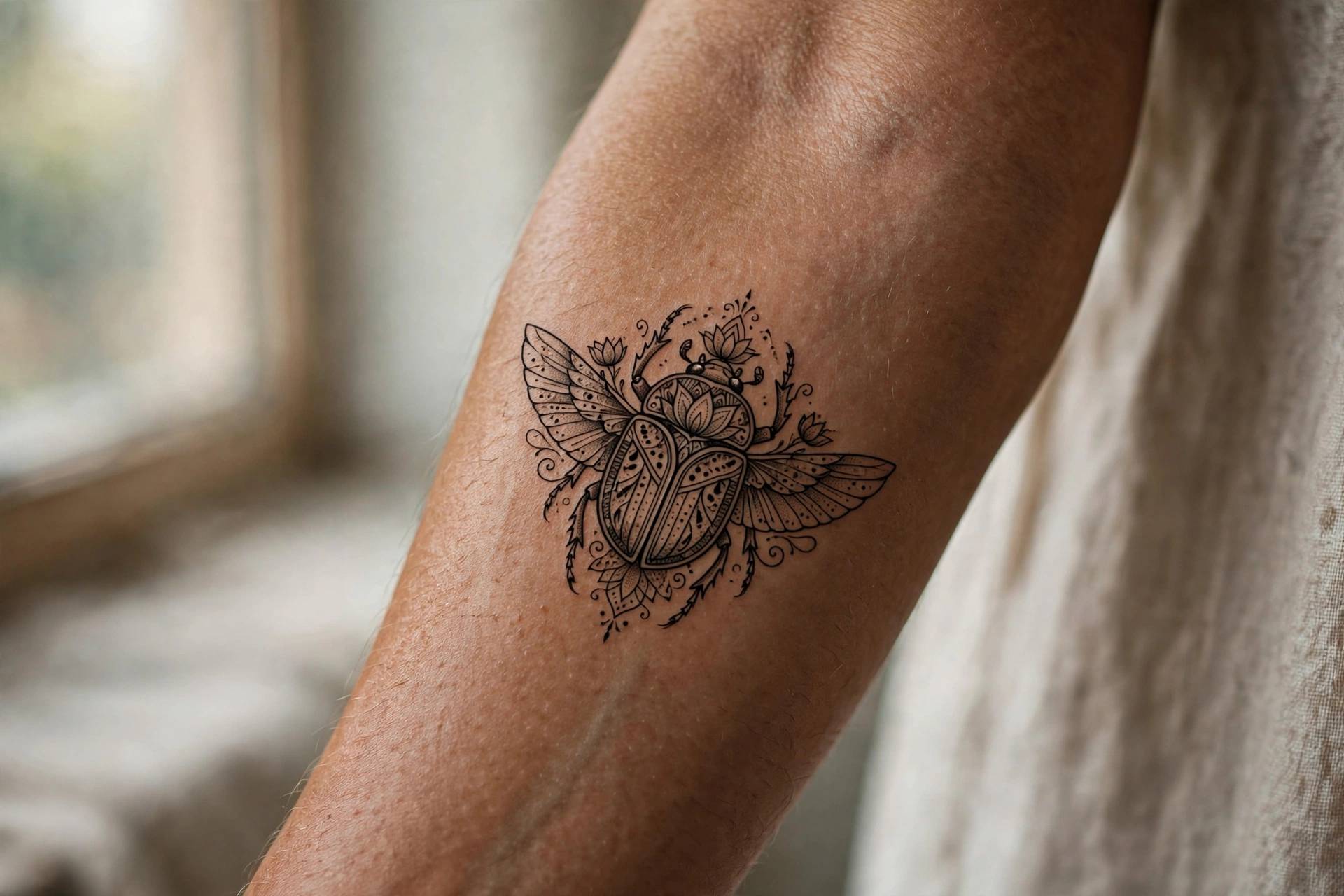 Sacred scarab beetle symbolic tattoo idea with Egyptian wings on the sternum