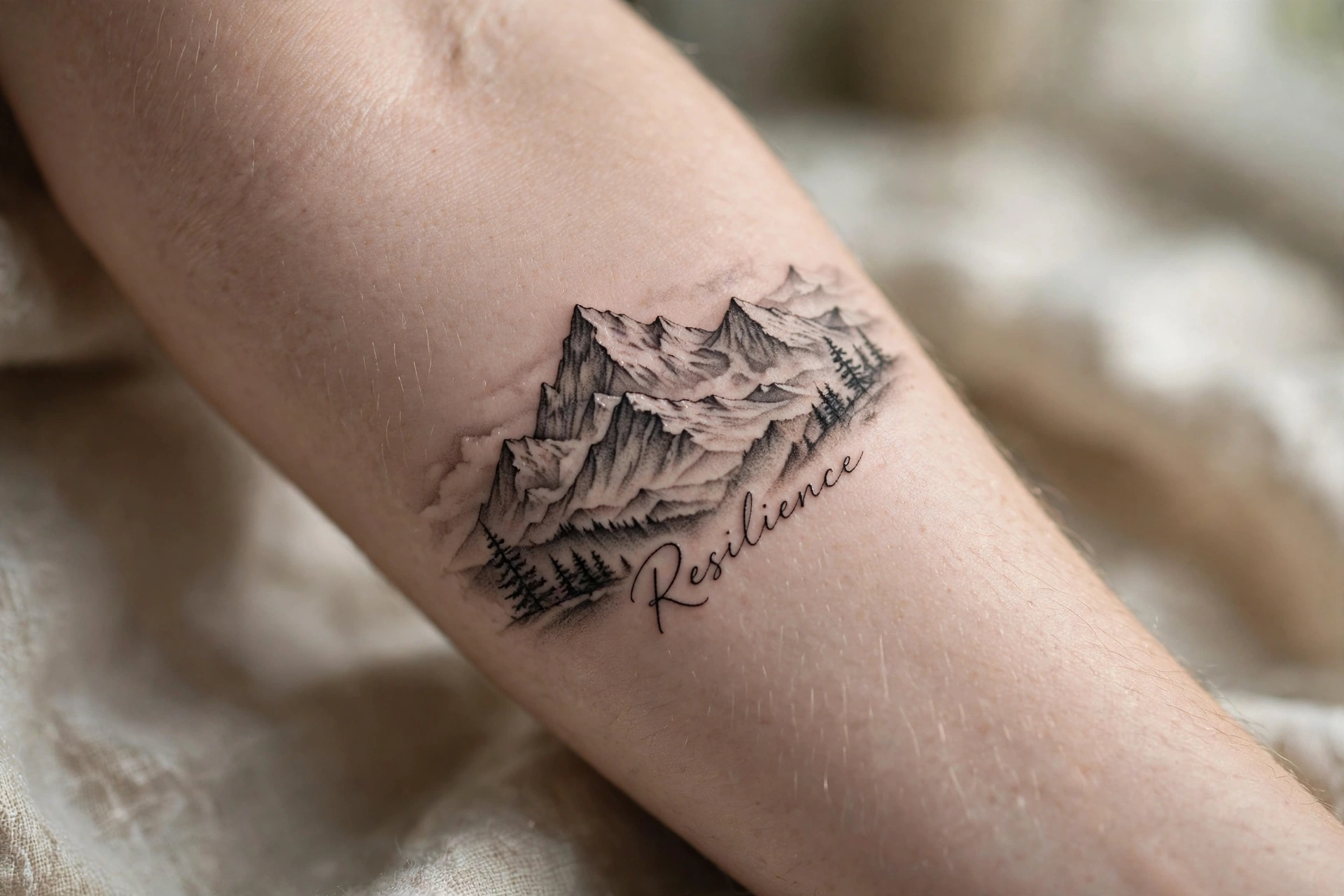 Mountain peaks resilience symbolic tattoo in linework on the forearm