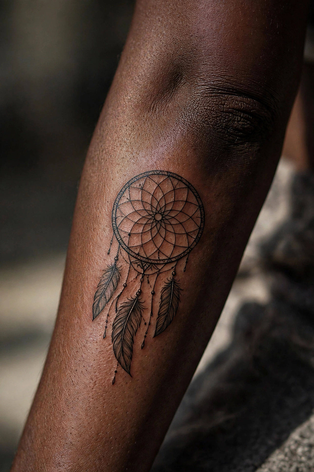 Dreamcatcher spirit web symbolic tattoo with feathers on the thigh