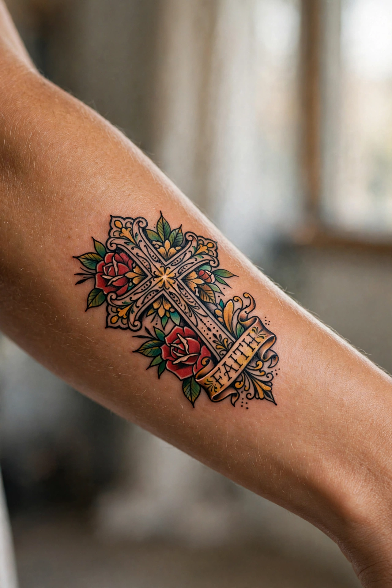 Cross of faith symbolic tattoo idea in ornate detail on the forearm
