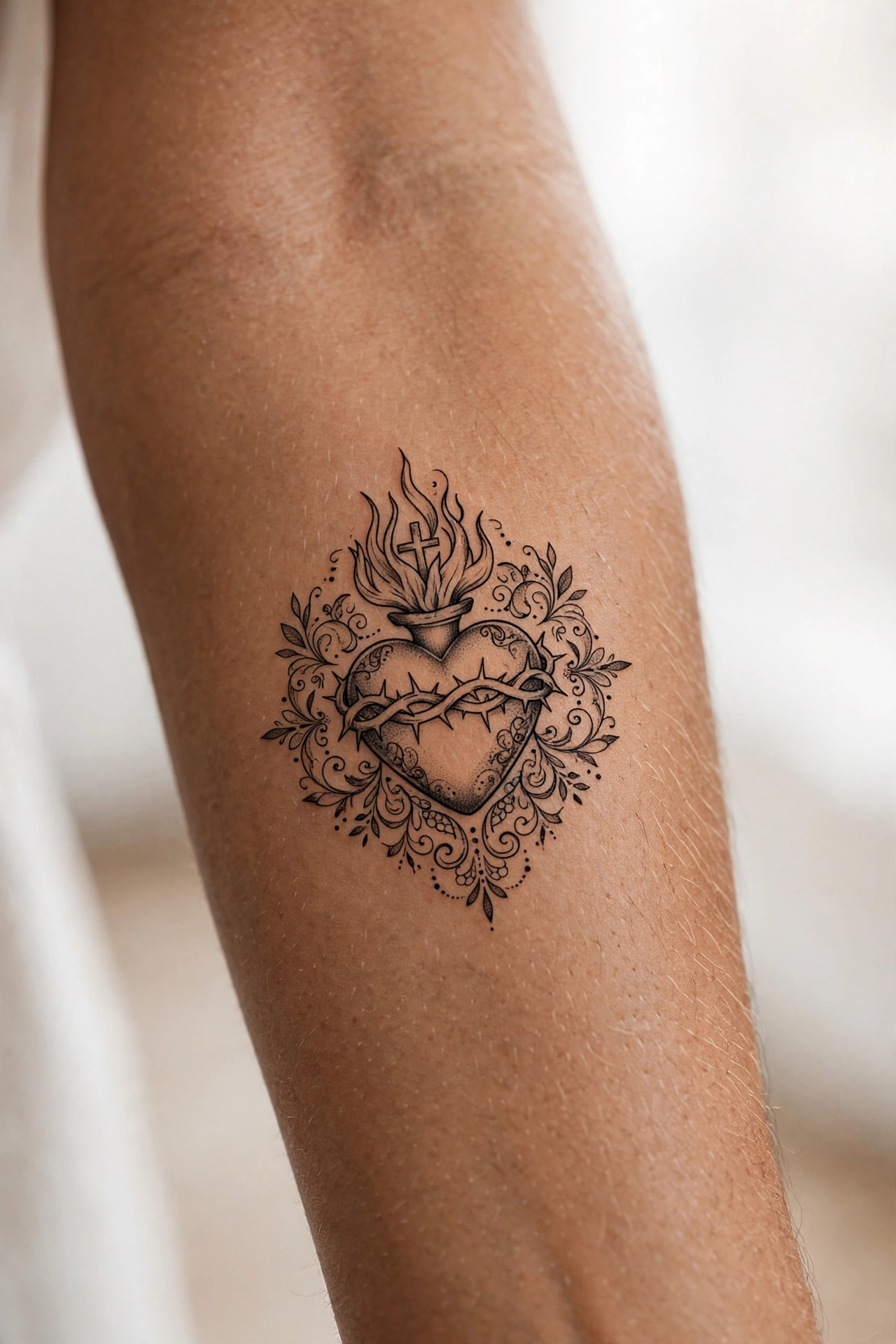 Sacred heart flame symbolic tattoo idea in traditional style on the chest