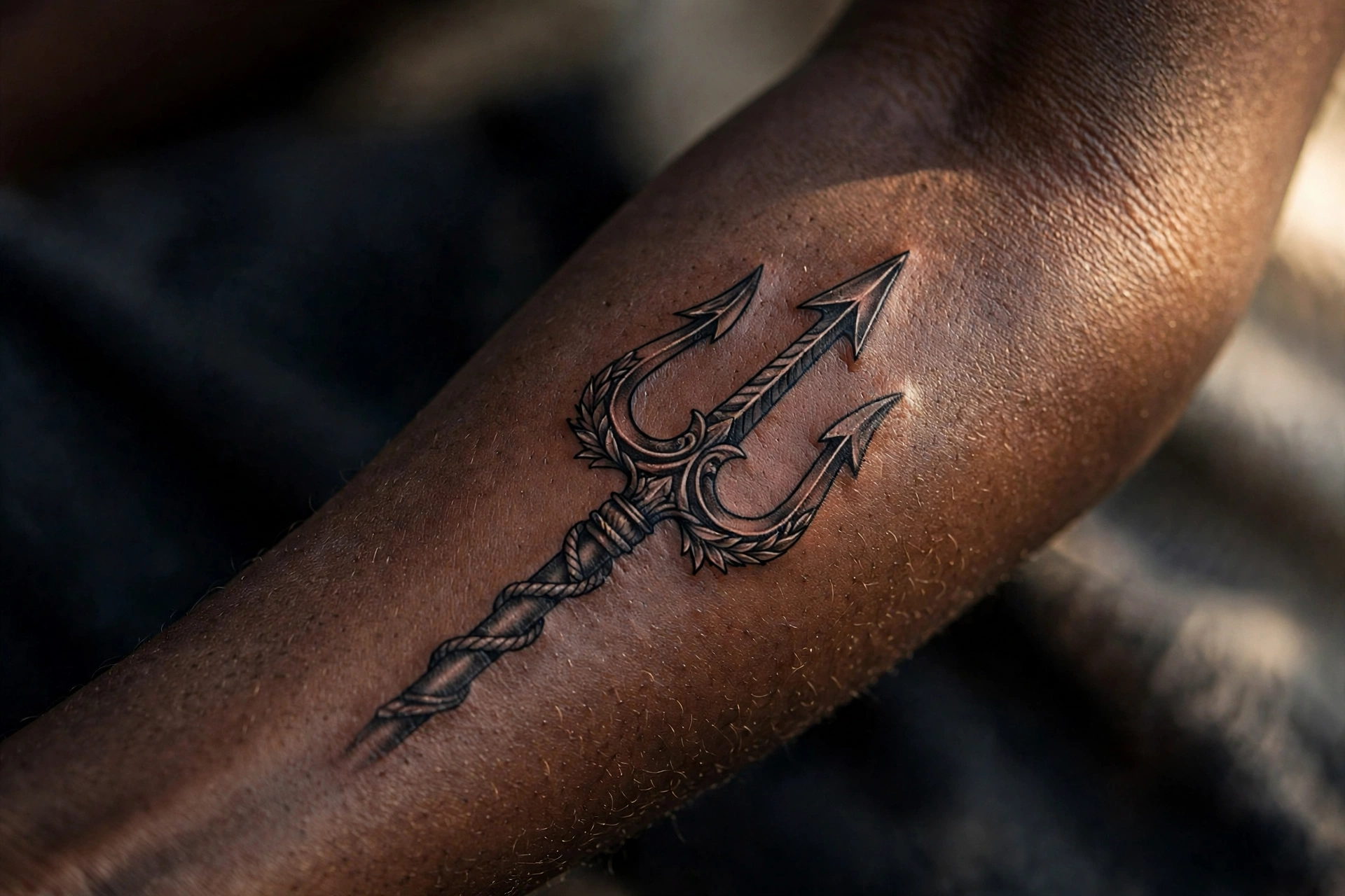 Trident of power symbolic tattoo in bold blackwork on the forearm