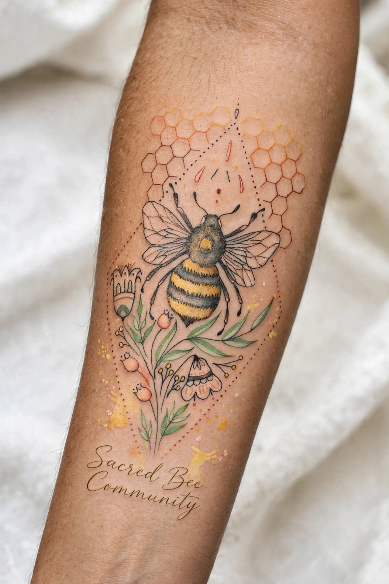 Sacred bee community symbolic tattoo idea with honeycomb on the forearm