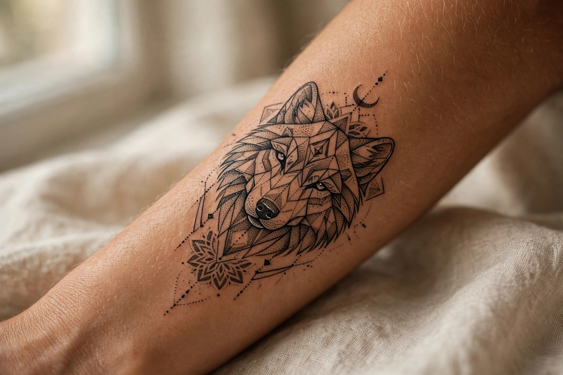 Geometric wolf spirit symbolic tattoo idea with low-poly facets on the shoulder