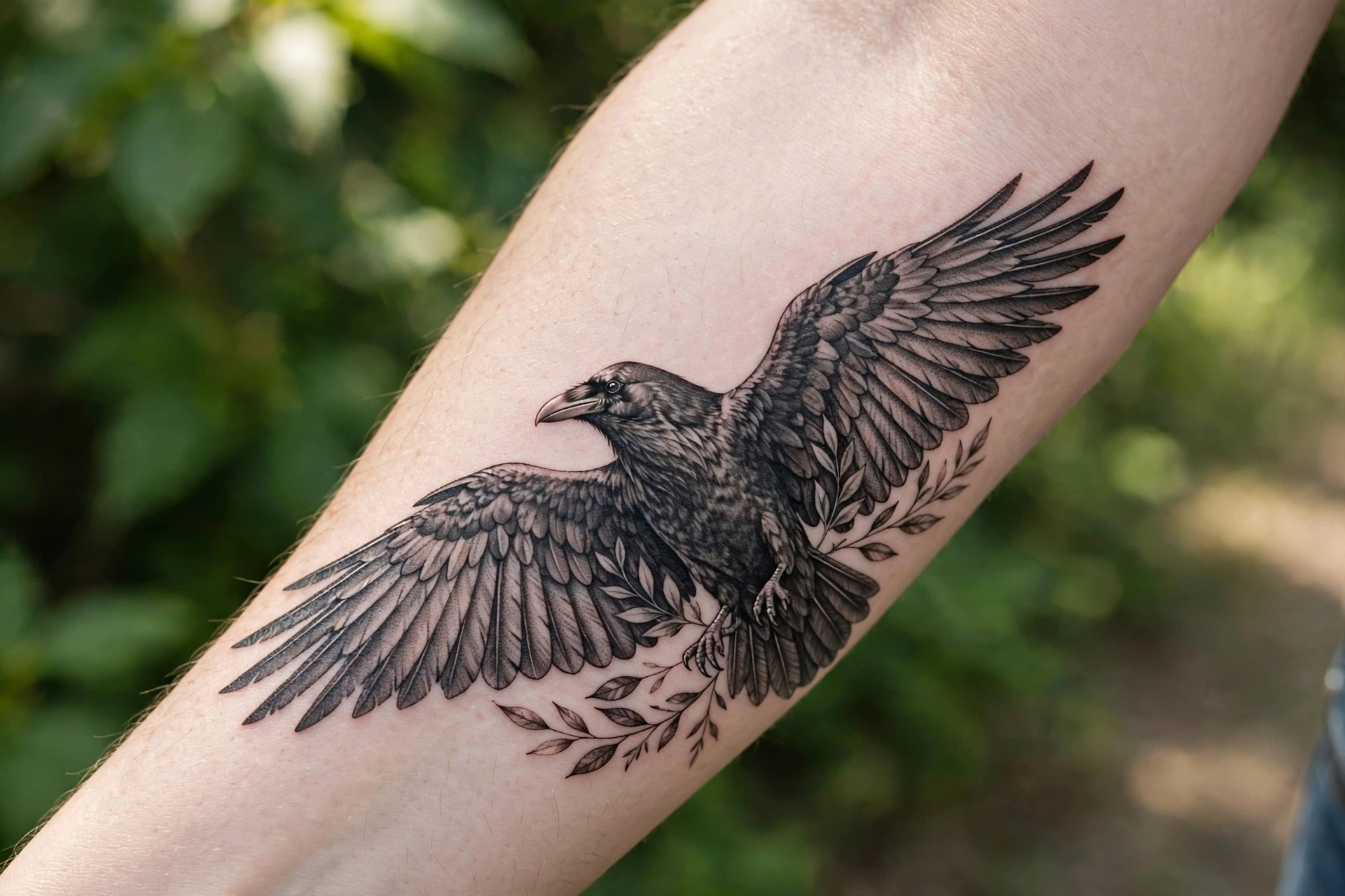 Raven wisdom wings symbolic tattoo in dark realism on the chest