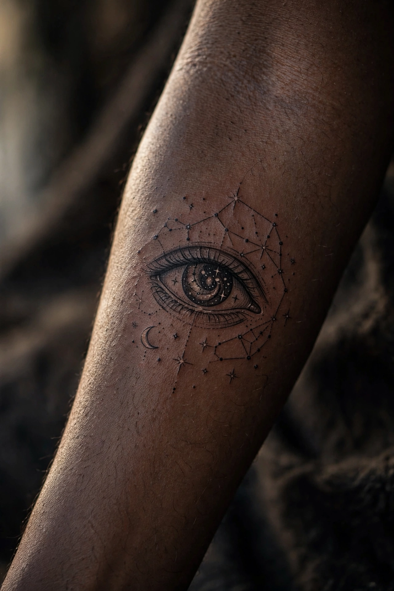 Cosmic eye constellation symbolic tattoo with stars on the forearm