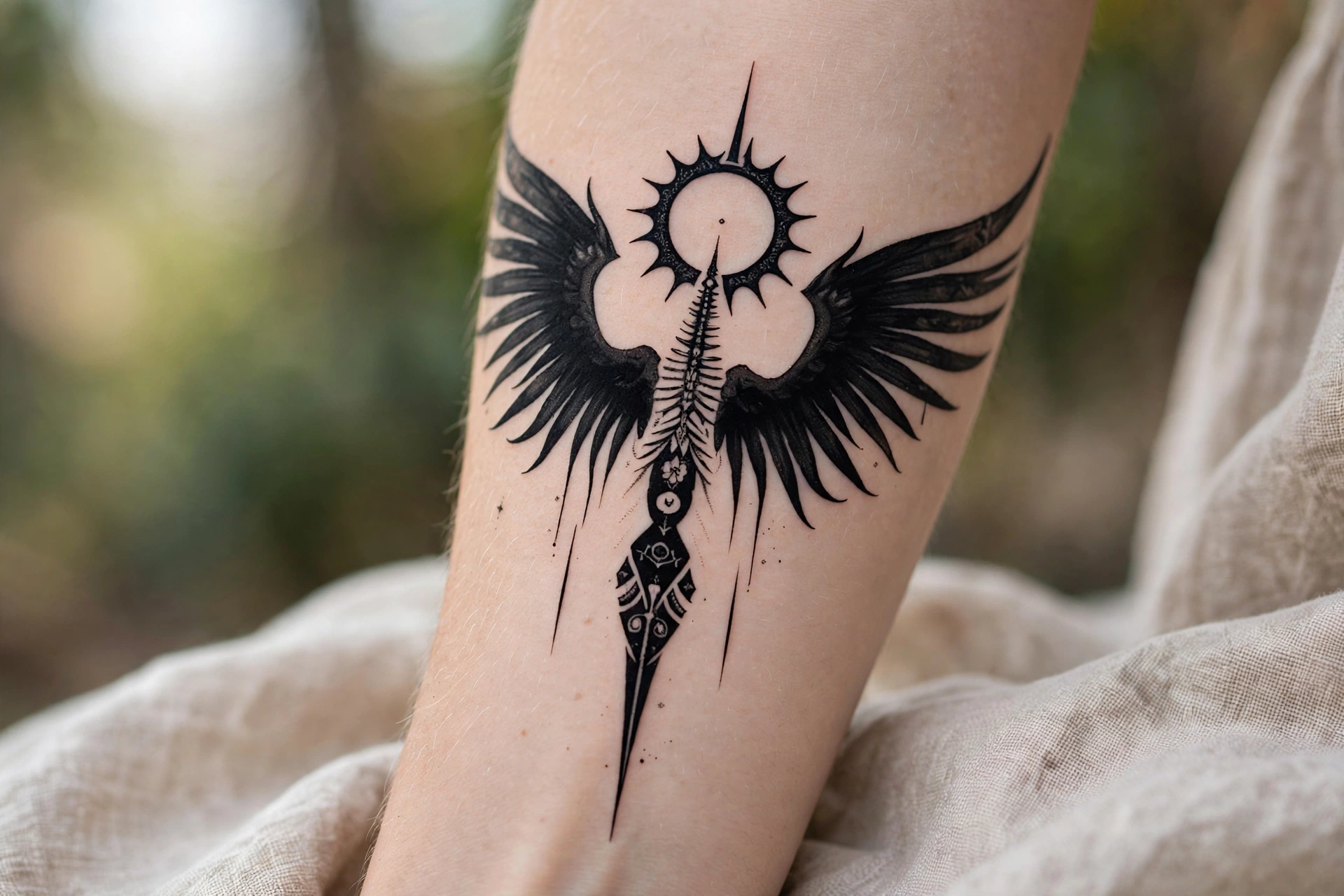 Wings of ascension symbolic tattoo with angel feathers across the upper back