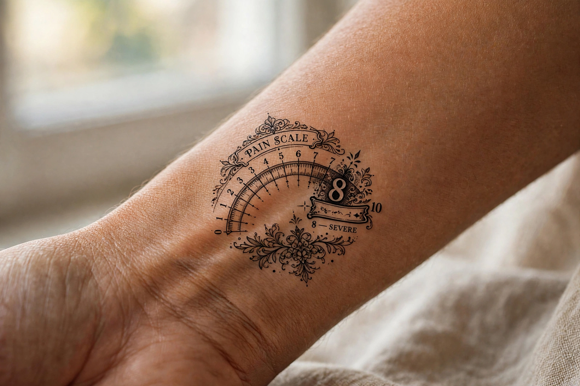 Healed tattoo on outer thigh showing beautiful results after low pain placement