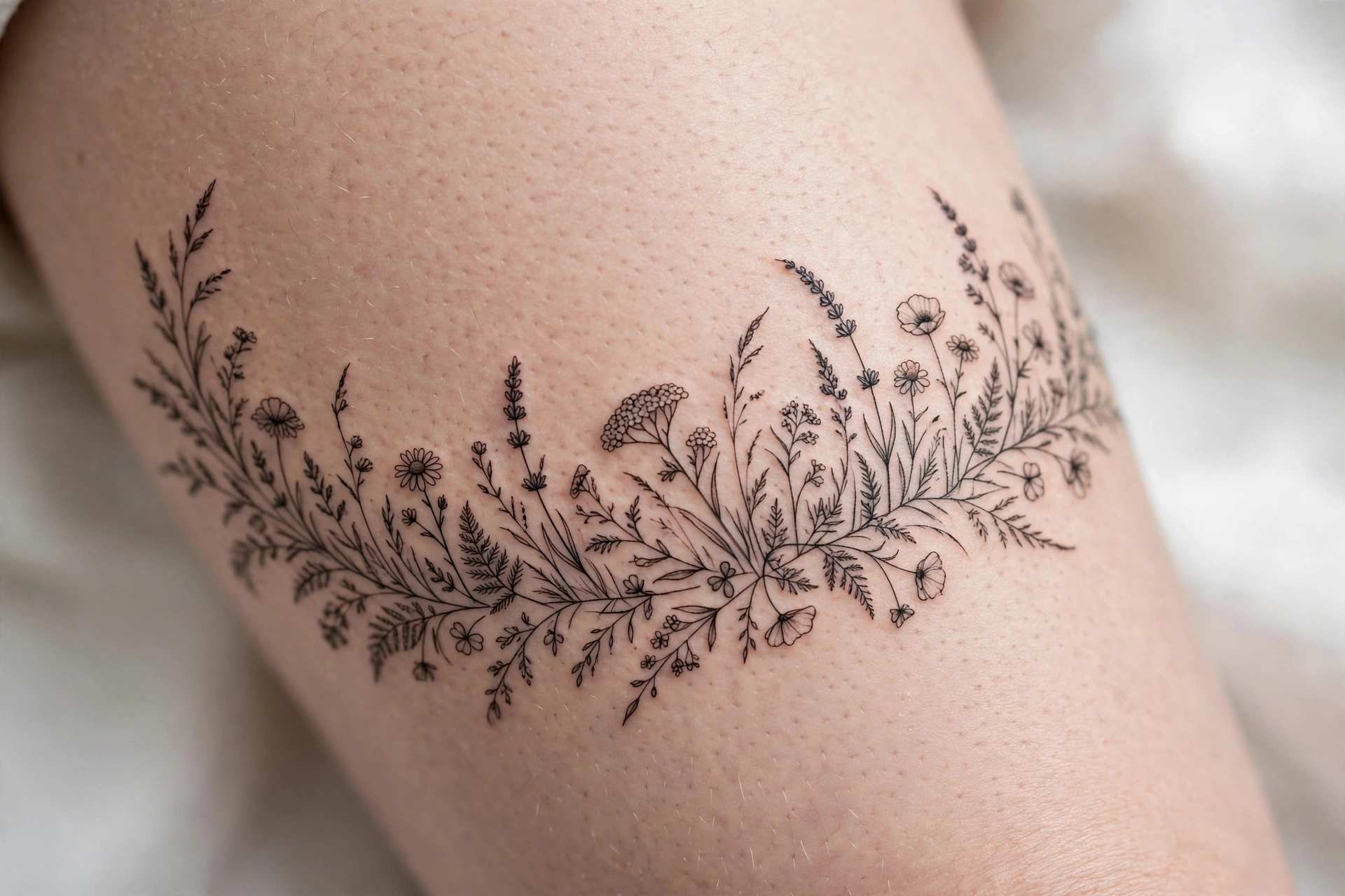 Wildflower meadow tattoo wrapping around a woman's thigh