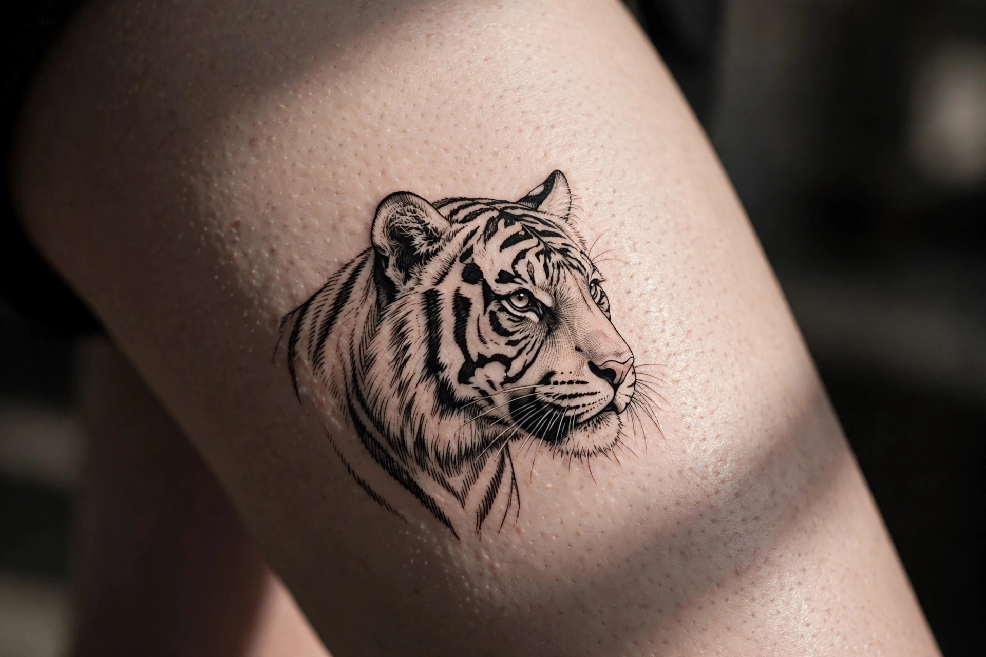 Realistic tiger portrait tattoo on a woman's outer thigh