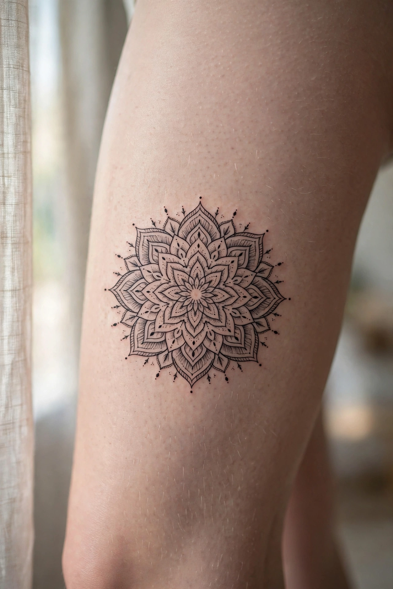 Intricate ornamental mandala tattoo centered on a woman's thigh
