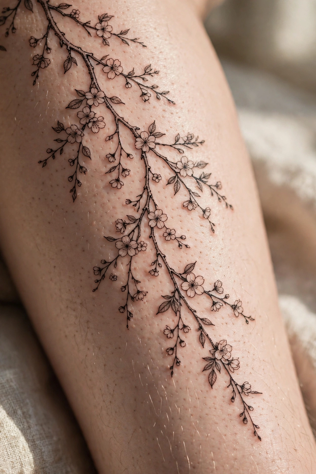 Cherry blossom branch cascading down a woman's thigh tattoo