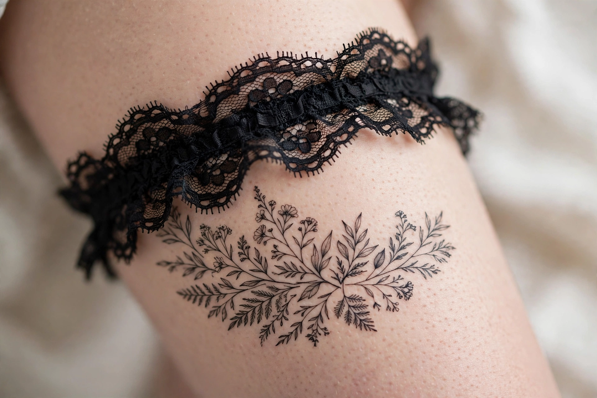 Delicate lace garter band tattoo wrapping a woman's upper thigh