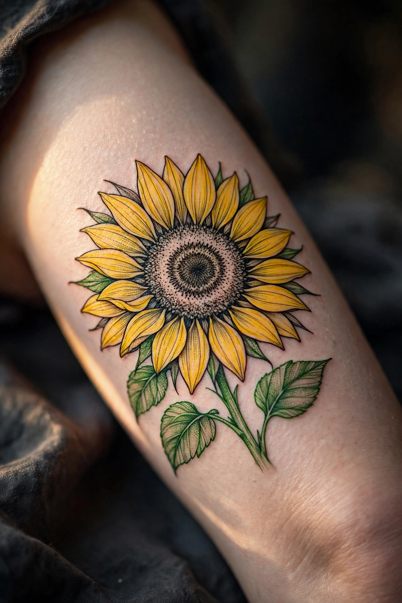 Large vibrant sunflower tattoo on a woman's thigh