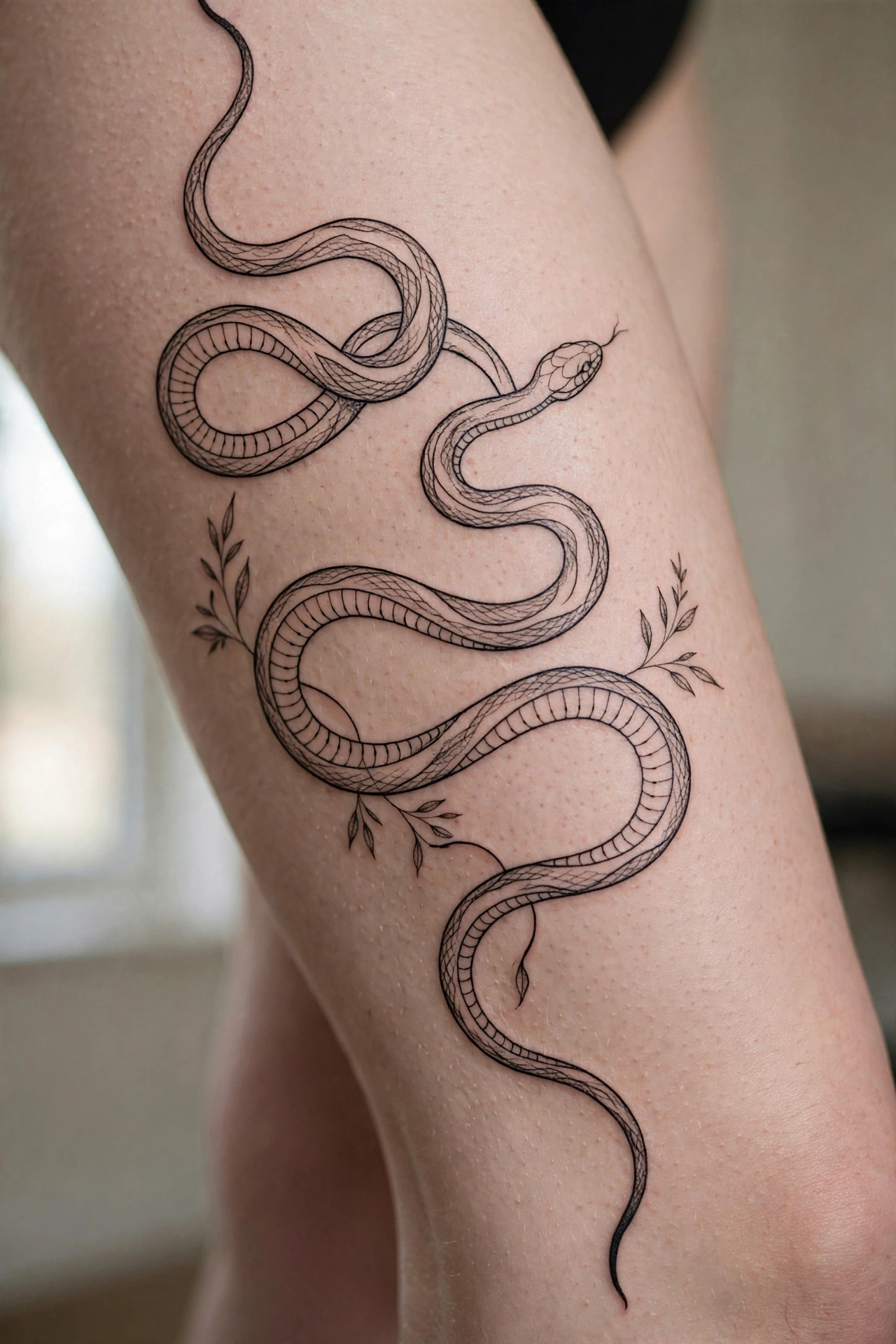 Elegant serpent coiling around a woman's thigh tattoo