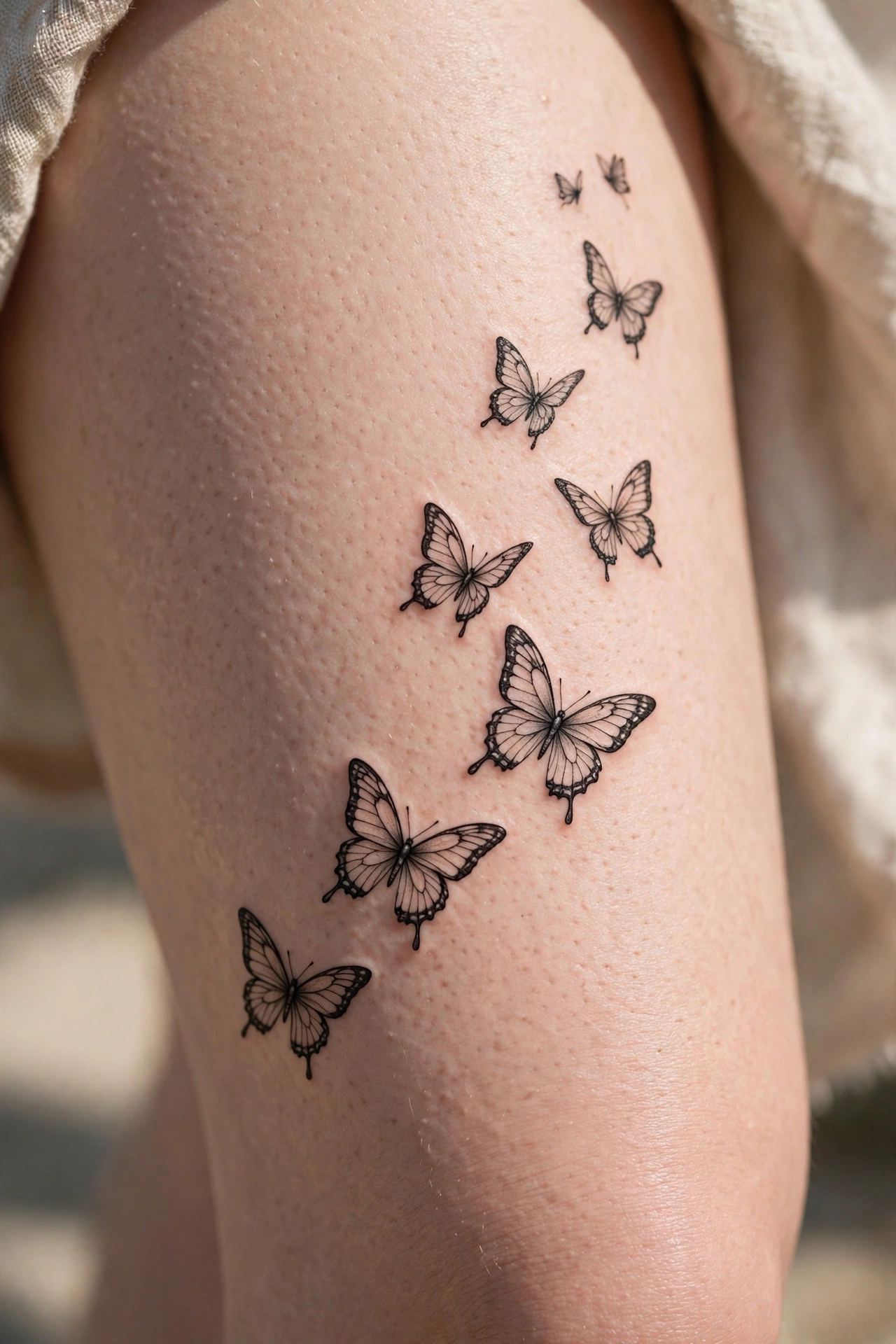Butterflies migrating across a woman's thigh tattoo